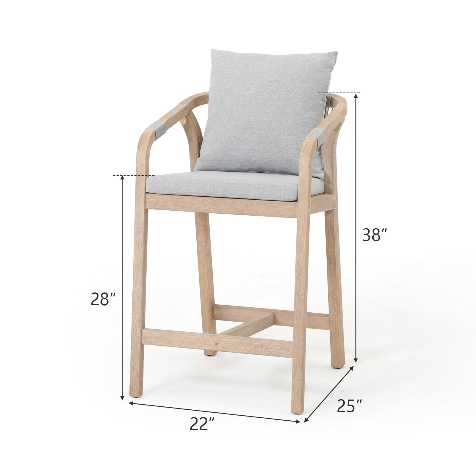 Wooden Outdoor Patio Bar height chairs with gray cushions,dimension - Sunsitt Premium Modern Outdoor Patio Furniture
