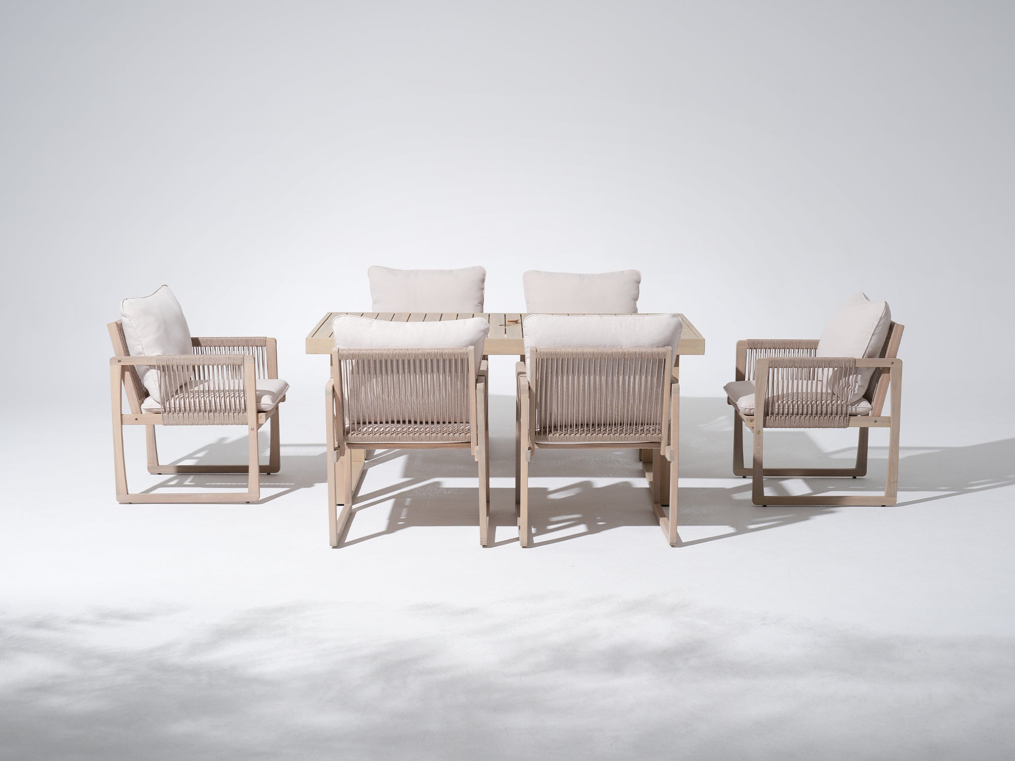 4 seat patio furniture set with umbrella Lumi Outdoor Wooden Dining Set with Rope Chairs & Bench, Umbrella Hole –  Sunsitt Signature Outdoor