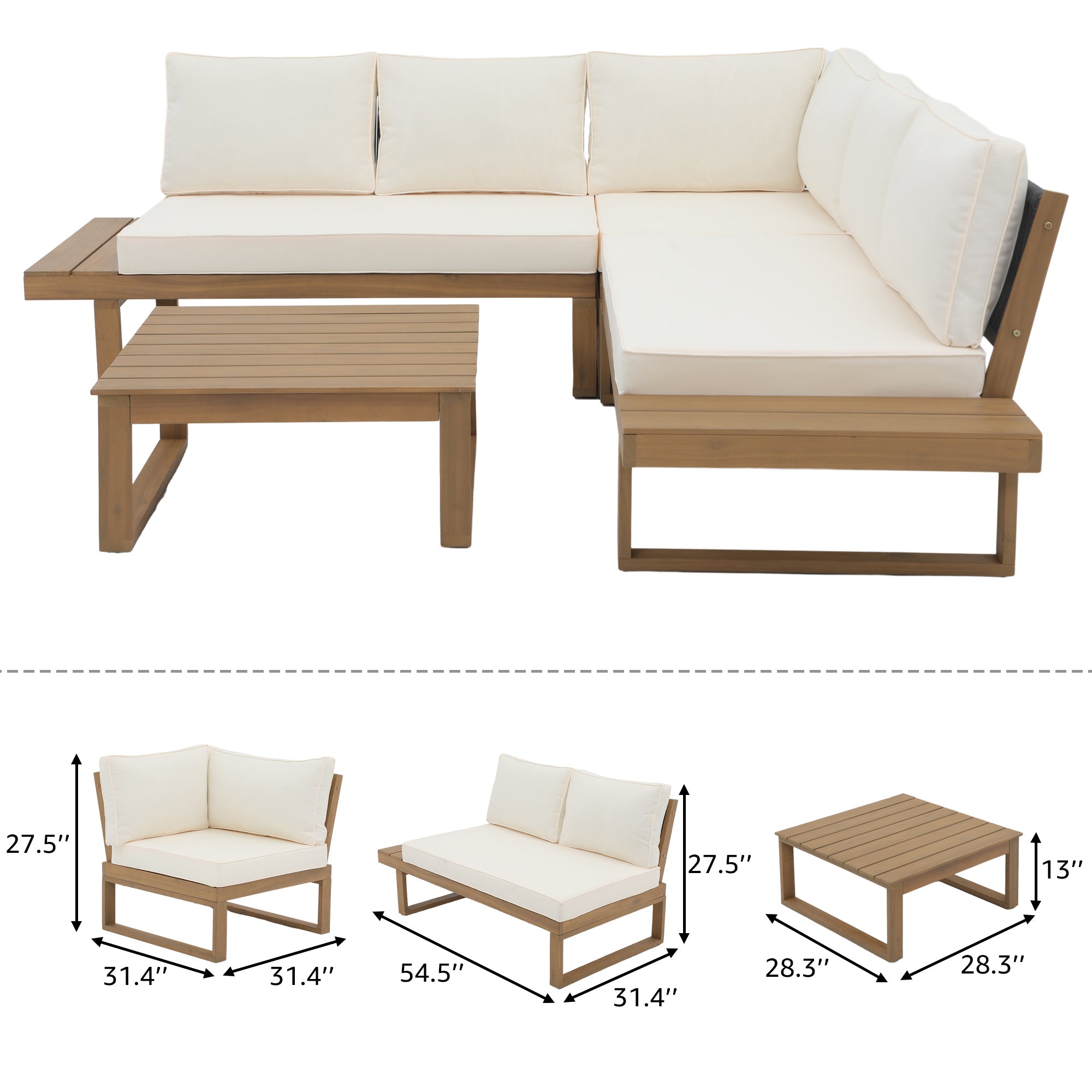 Foristern white wooden Outdoor L-Shaped Sofa Set dimension - Jardina Premium Modern Outdoor Patio Furniture #color_Beige