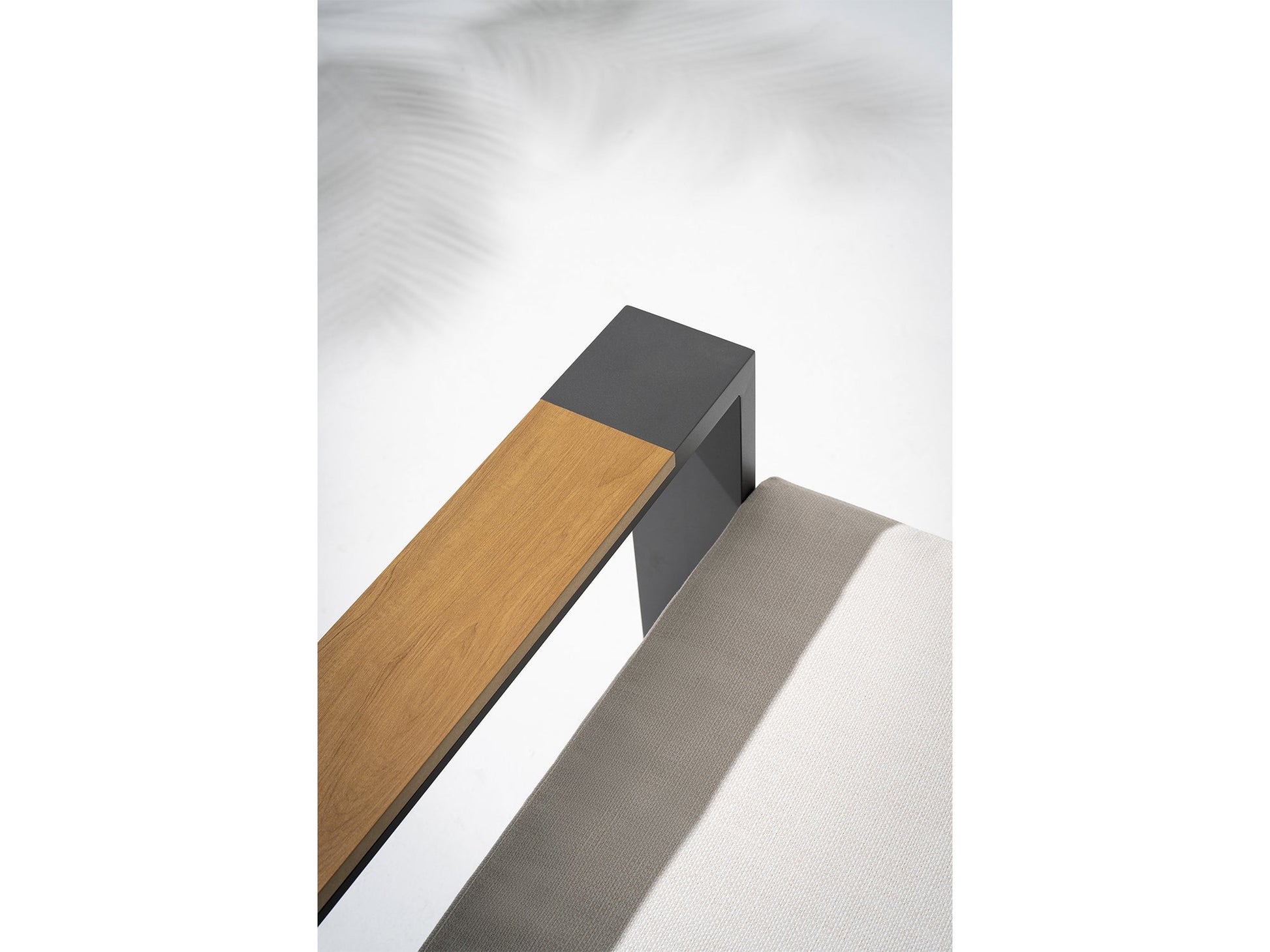 Addision Modern Metal Outdoor conversation sofa set, Dark Grey Aluminum Frame, White Cushions, wood-top armrests detail - Sunsitt Premium Modern Outdoor Patio Furniture #color_grey