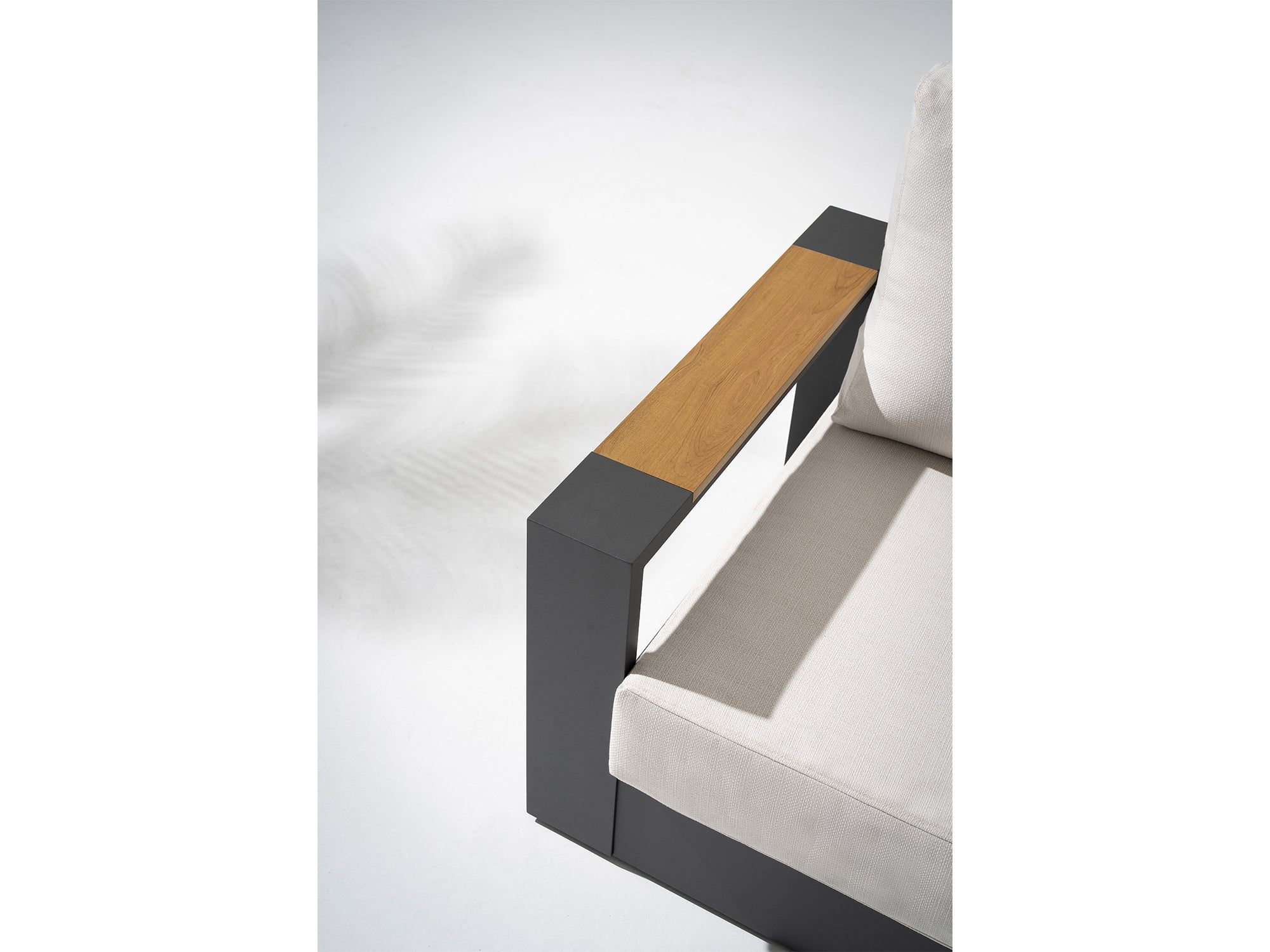 Addision  Modern Metal Outdoor conversation sofa set, Dark Grey Aluminum Frame, White Cushions, wood-top armrests detail - Sunsitt Premium Modern Outdoor Patio Furniture #color_grey