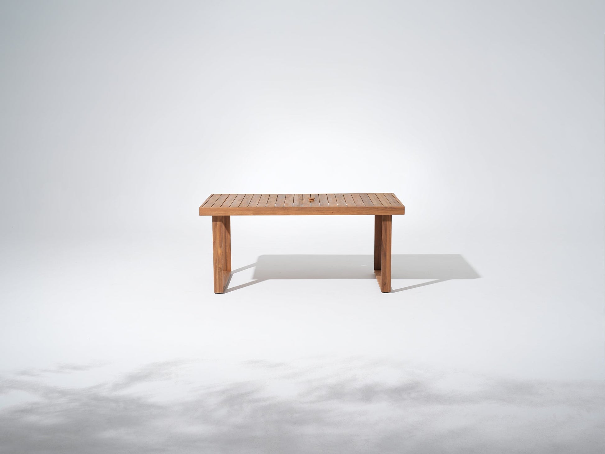 Rectangular Wooden Dining Table for 6 People with Umbrella Hole & Sled-Leg Design, Teak Finish