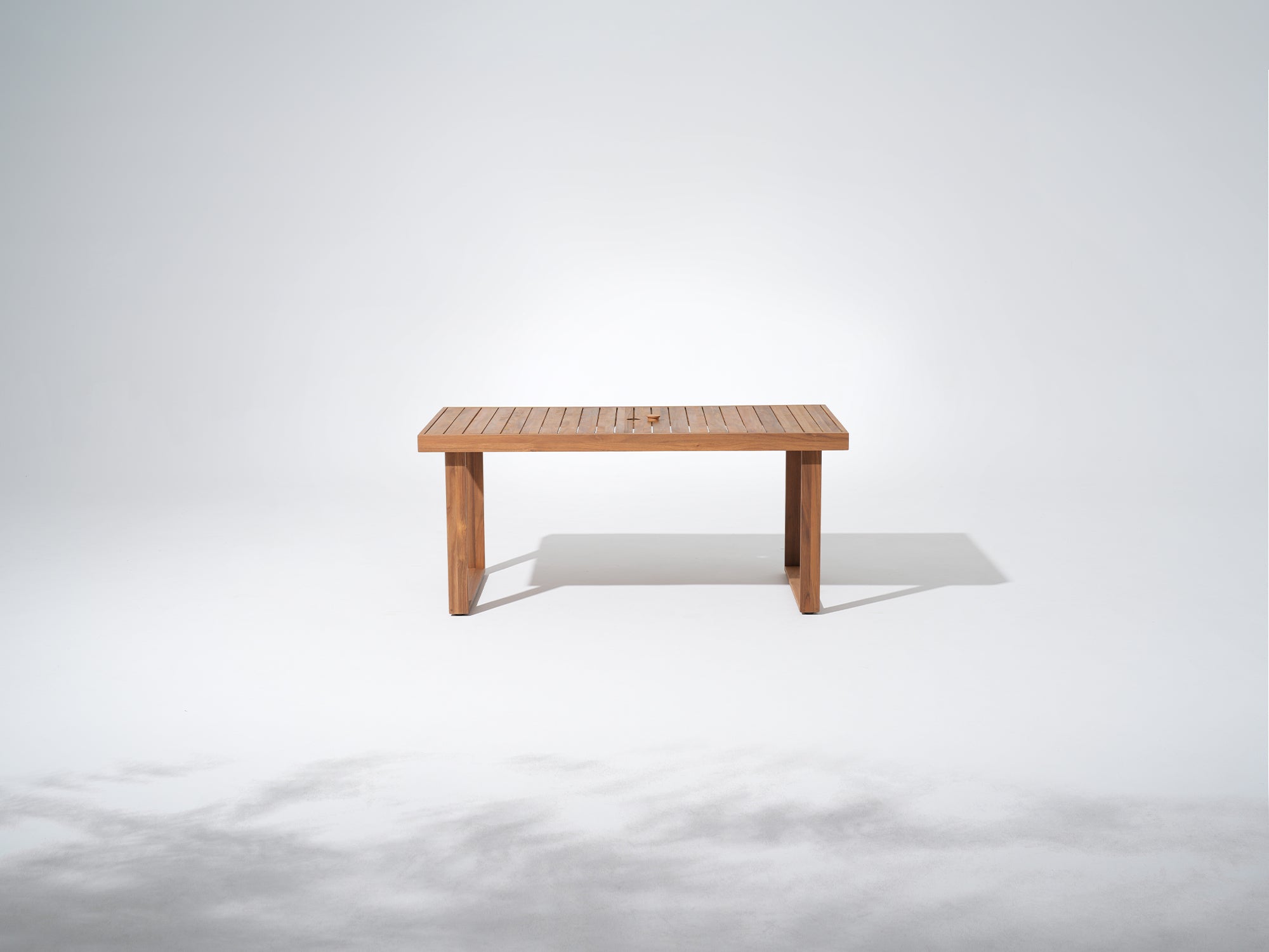 Rectangular Wooden Dining Table for 6 People with Umbrella Hole & Sled-Leg Design, Teak Finish