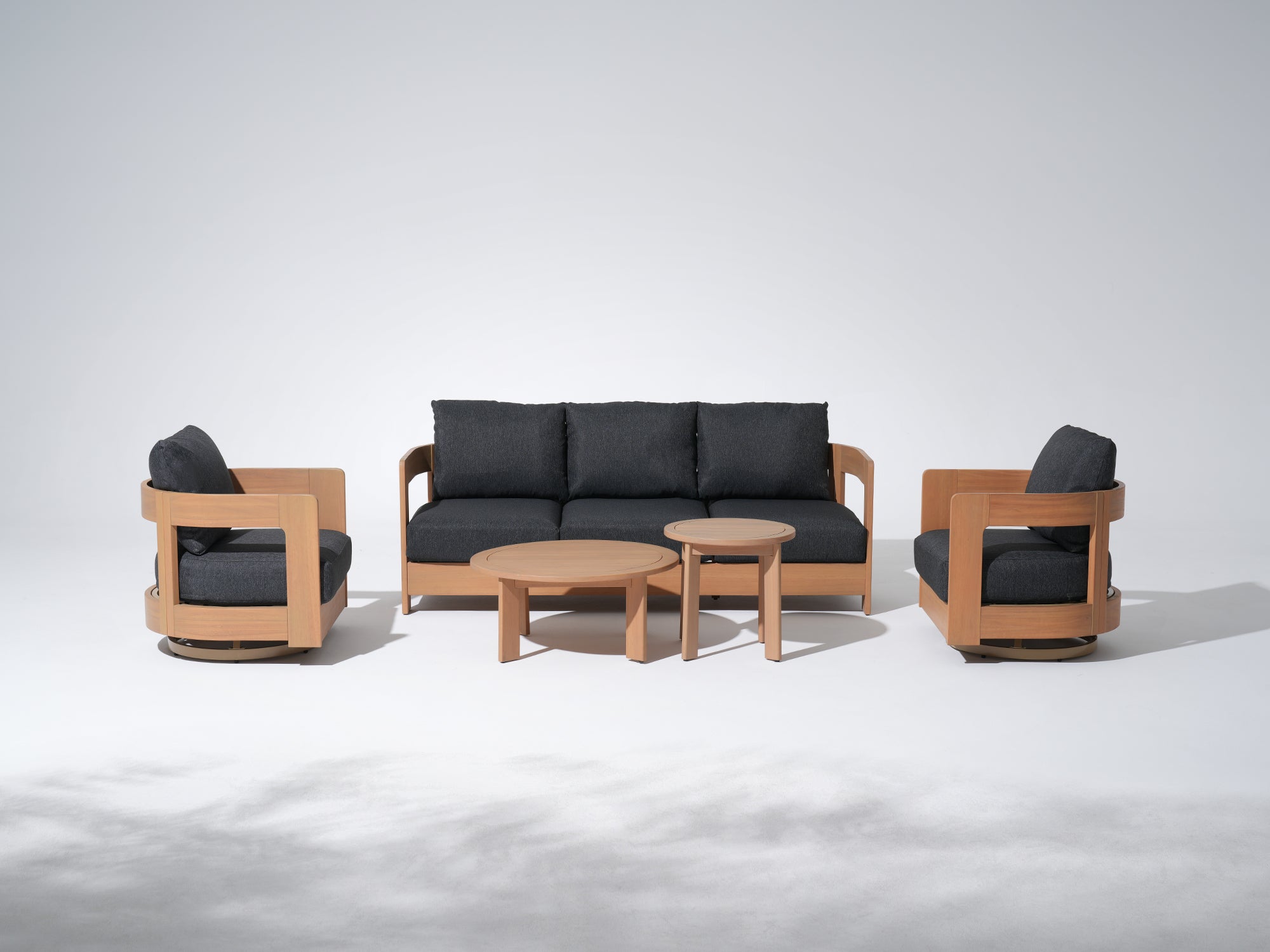 Sova Wood Outdoor Sofa Set with Swivel Chairs & Two Tables,Eucalyptus wood, Black Cushions