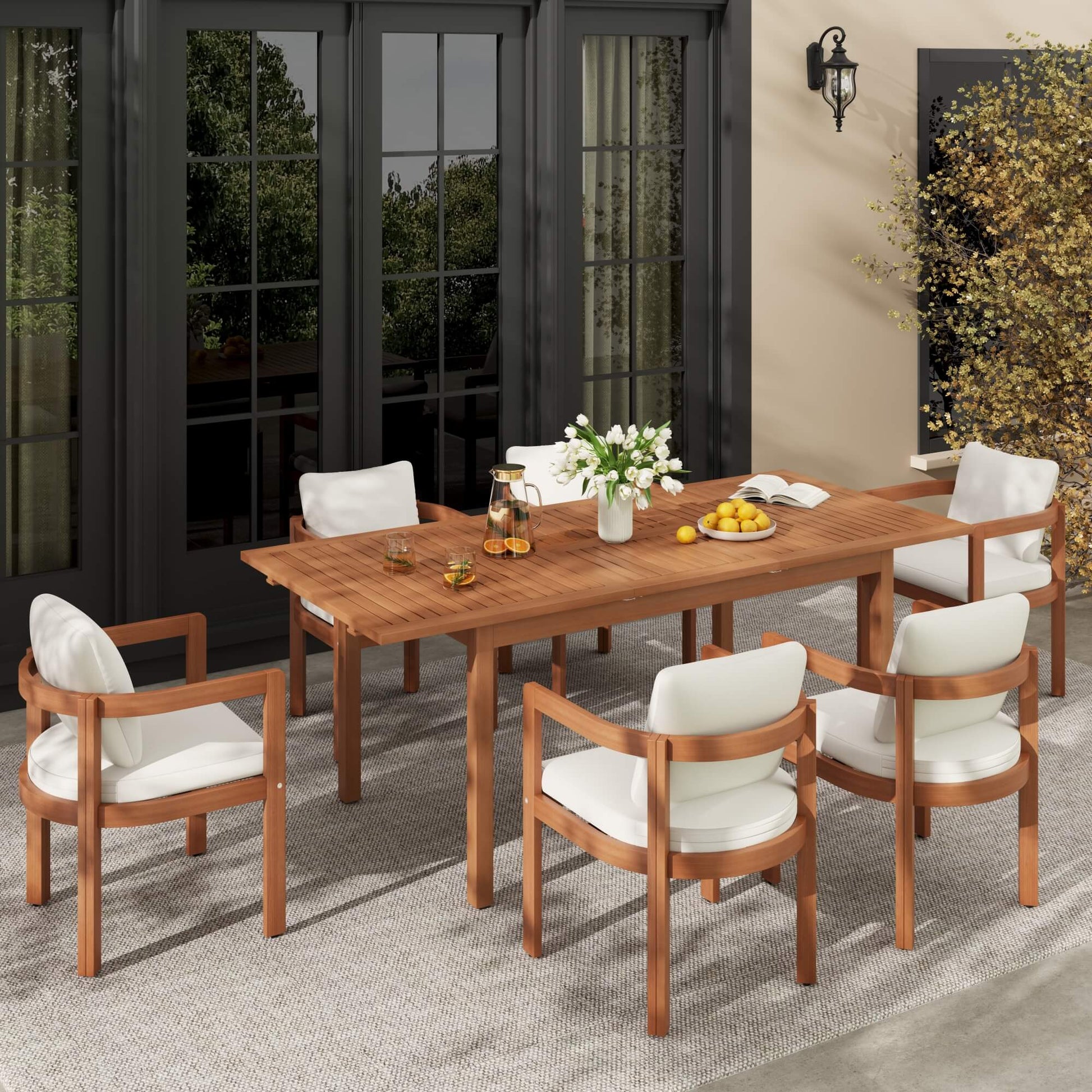 Wooden outdoor dining set for 6 with white cushioned chairs- Sunsitt Modern Premium Patio Outdoor Furniture