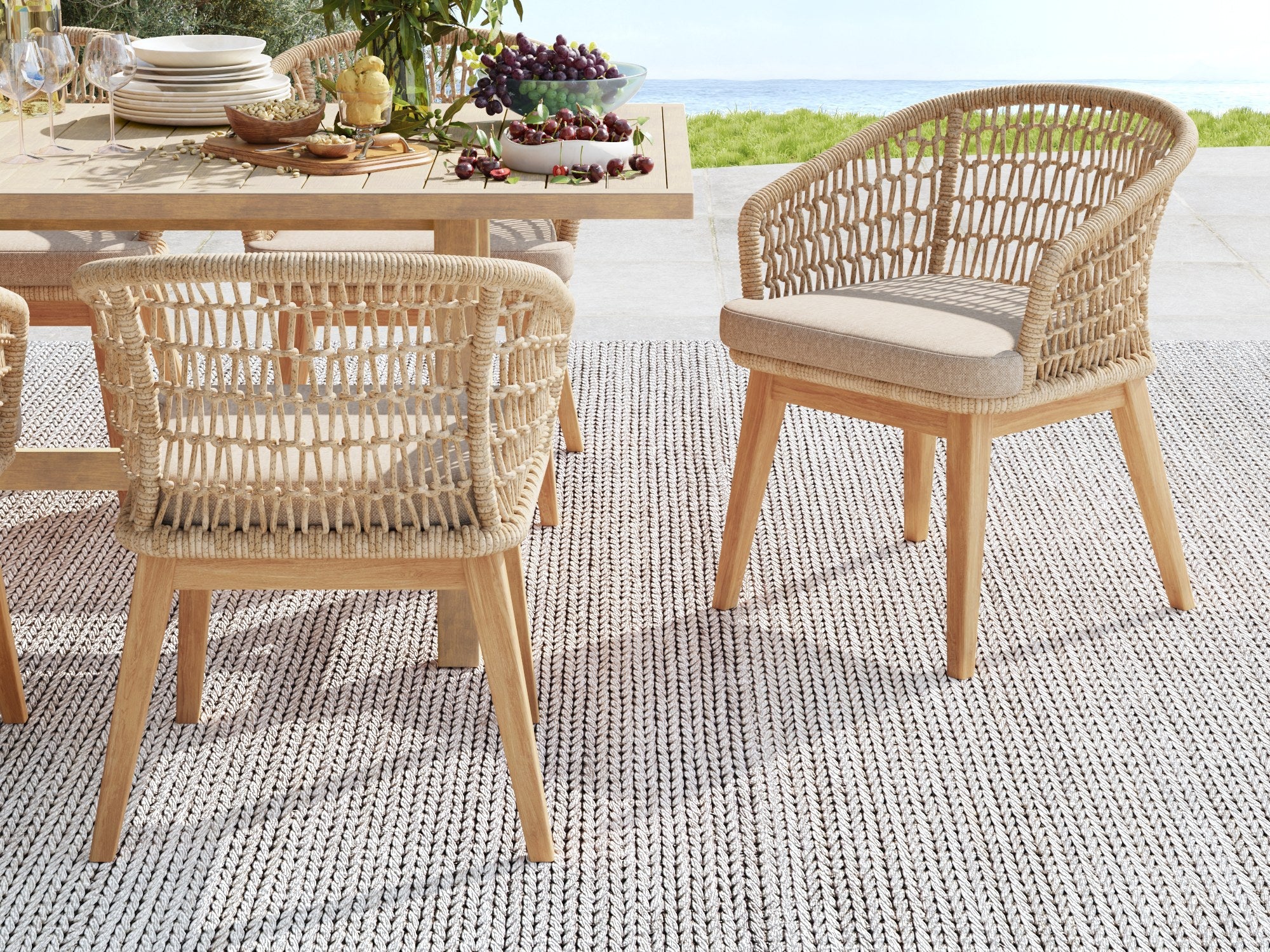 Noto 83" Wooden Patio Dining Set with Umbrella Hole for 6-8 People, Nylon Honeycomb Chairs
