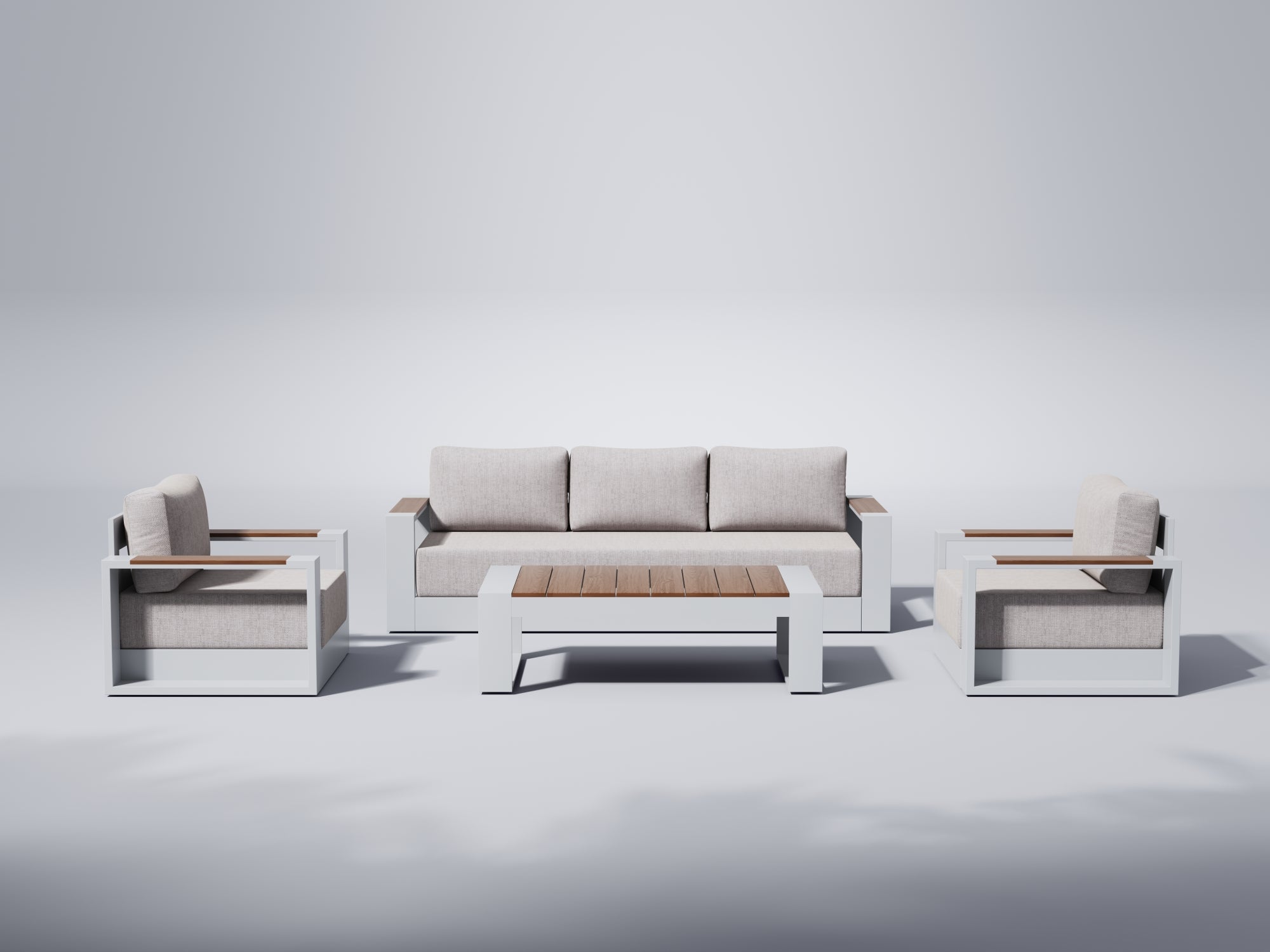 Addison Modern Metal Outdoor Sofa Set, White Aluminum Frame, White Cushion