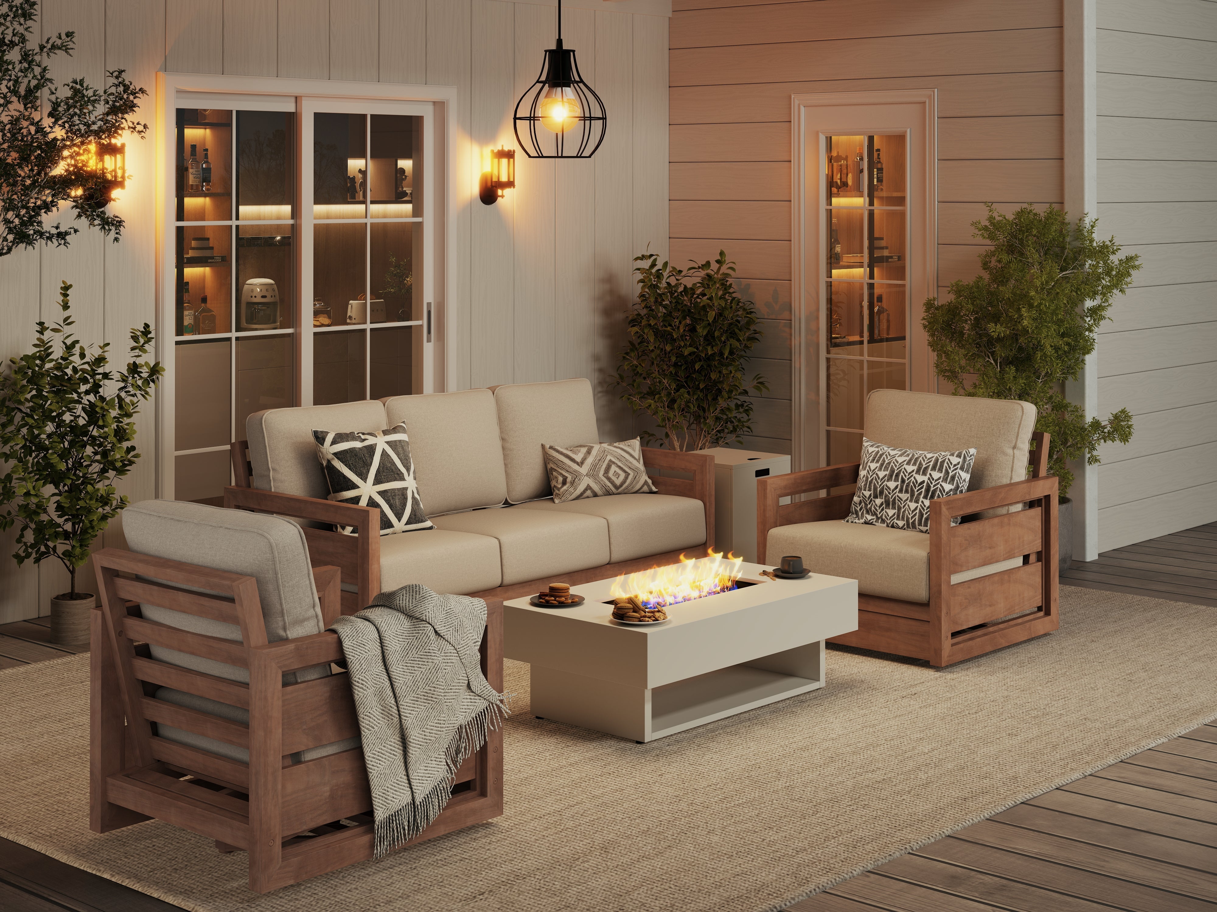 Noto 4-Piece Wood Outdoor Fire Pit Set with Swivel Chairs