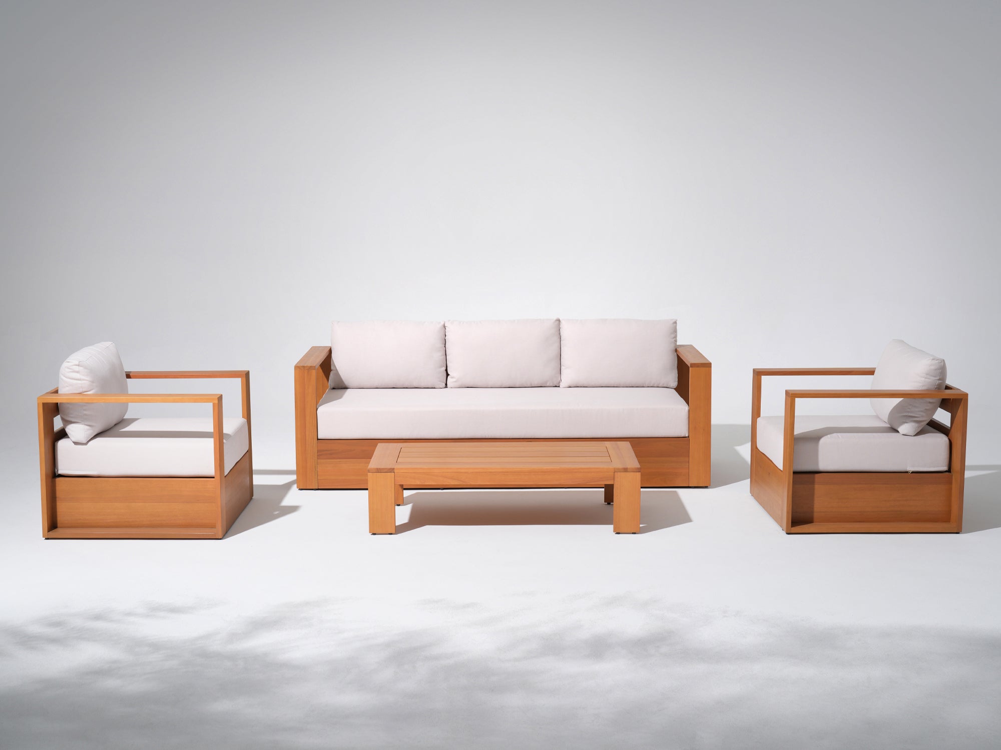 Drift Eucalyptus Wooden outdoor conversation furniture set with white cushions- Sunsitt’s Modern Premium Outdoor Furniture