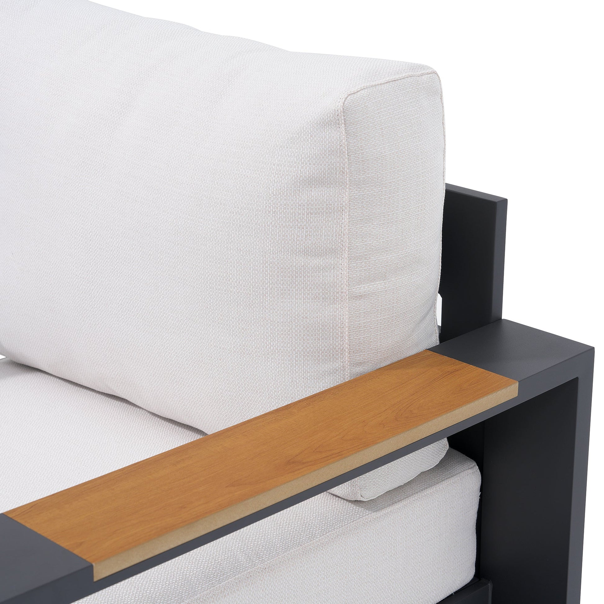 Addision Modern Metal Outdoor conversation sofa set, Dark Grey Aluminum Frame, White Cushions, wood-top armrests detail - Sunsitt Premium Modern Outdoor Patio Furniture #color_grey