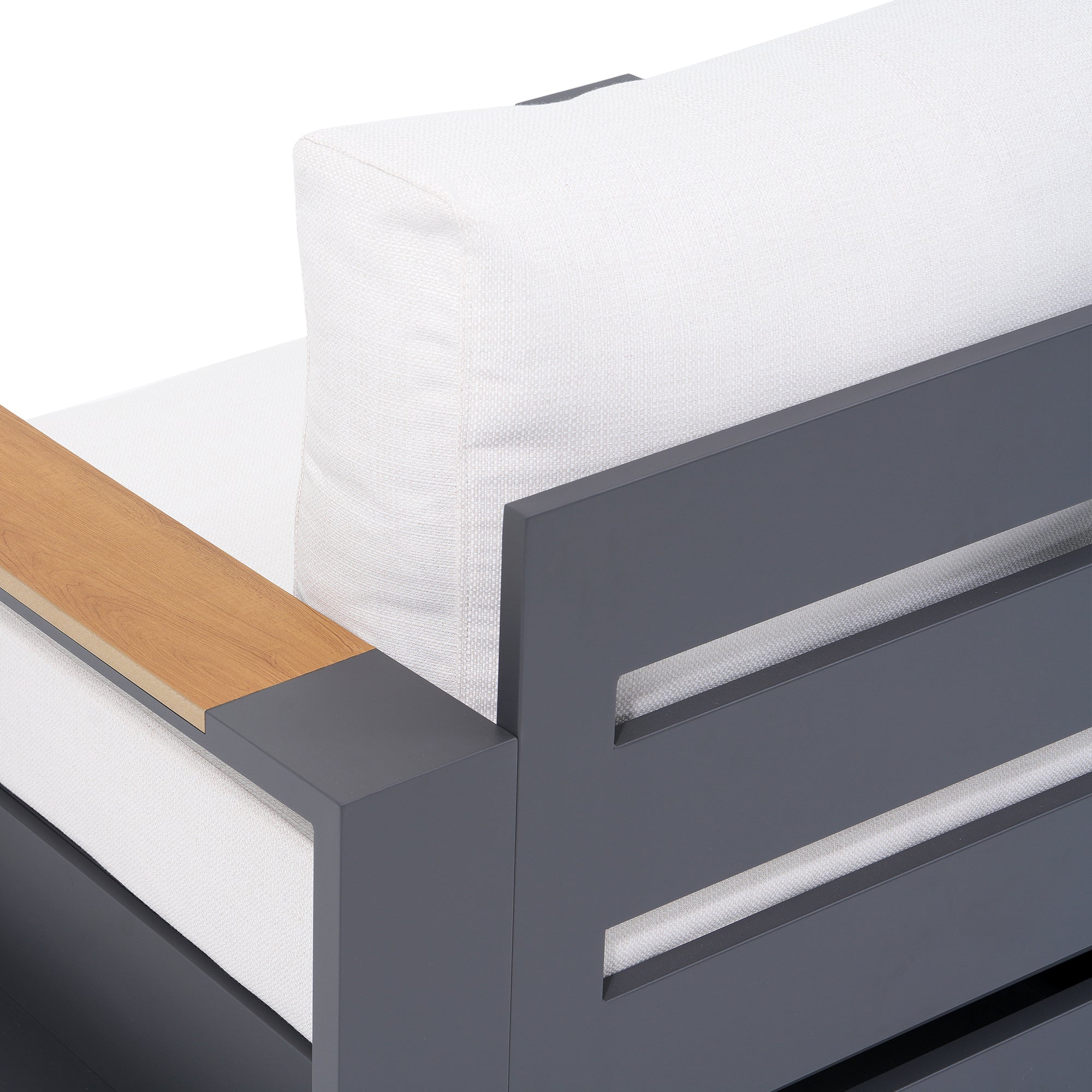 Addision Modern Metal Outdoor conversation sofa set, Dark Grey Aluminum Frame, White Cushions, wood-top armrests detail - Sunsitt Premium Modern Outdoor Patio Furniture #color_grey