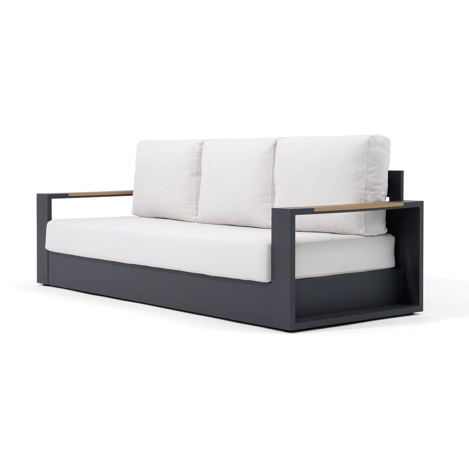 Addision  Modern Metal Outdoor sofa, Dark Grey Aluminum Frame, White Cushions, wood-top armrests - Sunsitt Premium Modern Outdoor Patio Furniture #color_grey