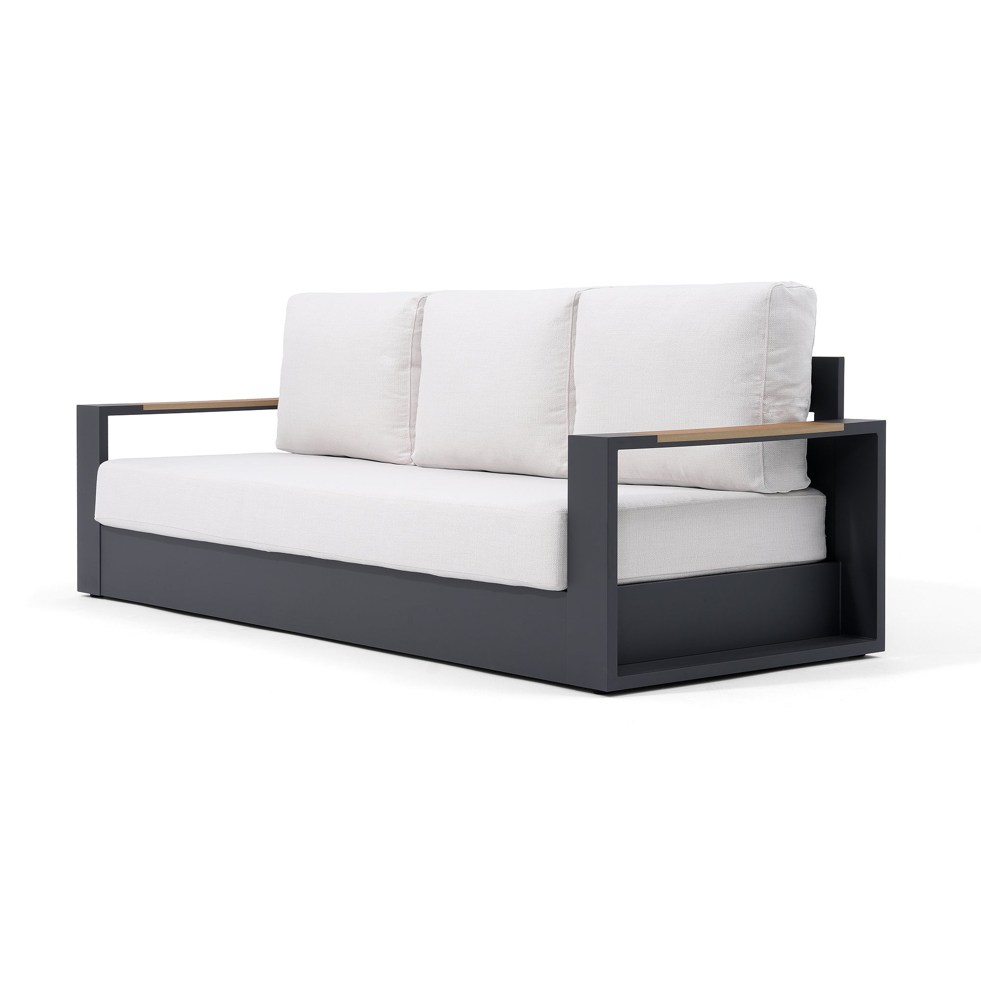 Addision  Modern Metal Outdoor sofa, Dark Grey Aluminum Frame, White Cushions, wood-top armrests - Sunsitt Premium Modern Outdoor Patio Furniture #color_grey