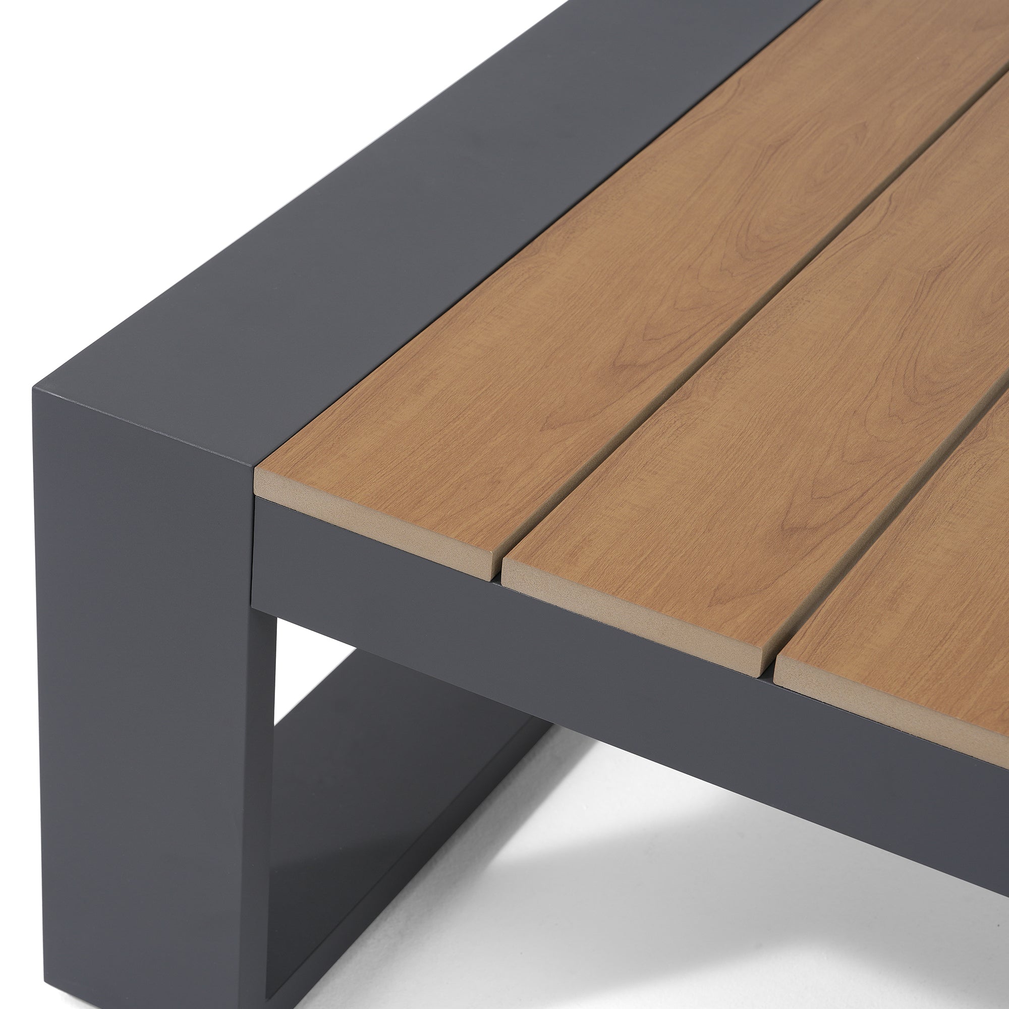 Addision  Modern Metal Outdoor coffee table, Dark Grey Aluminum Frame, wood tabletop detail- Sunsitt Premium Modern Outdoor Patio Furniture