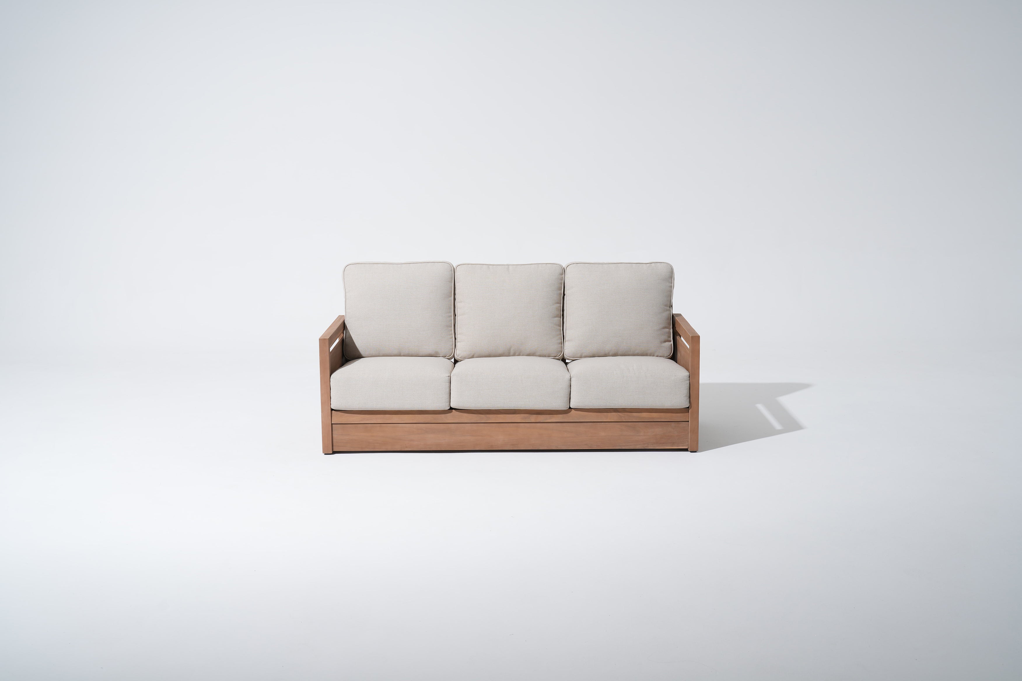 3-seat wood outdoor Sofa with beige cushions