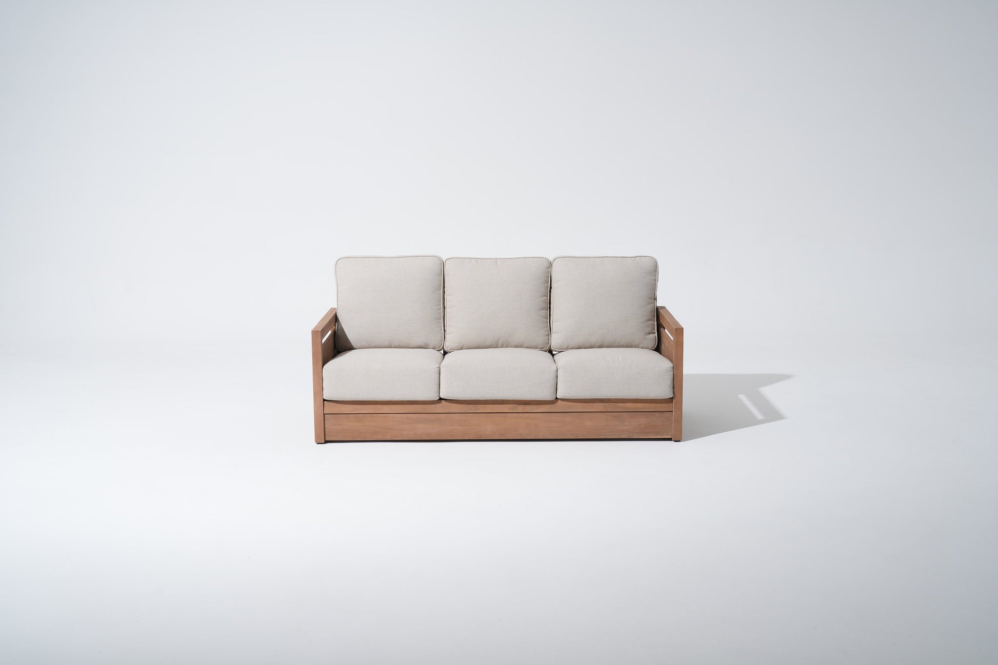 3-seat wood outdoor Sofa with beige cushions