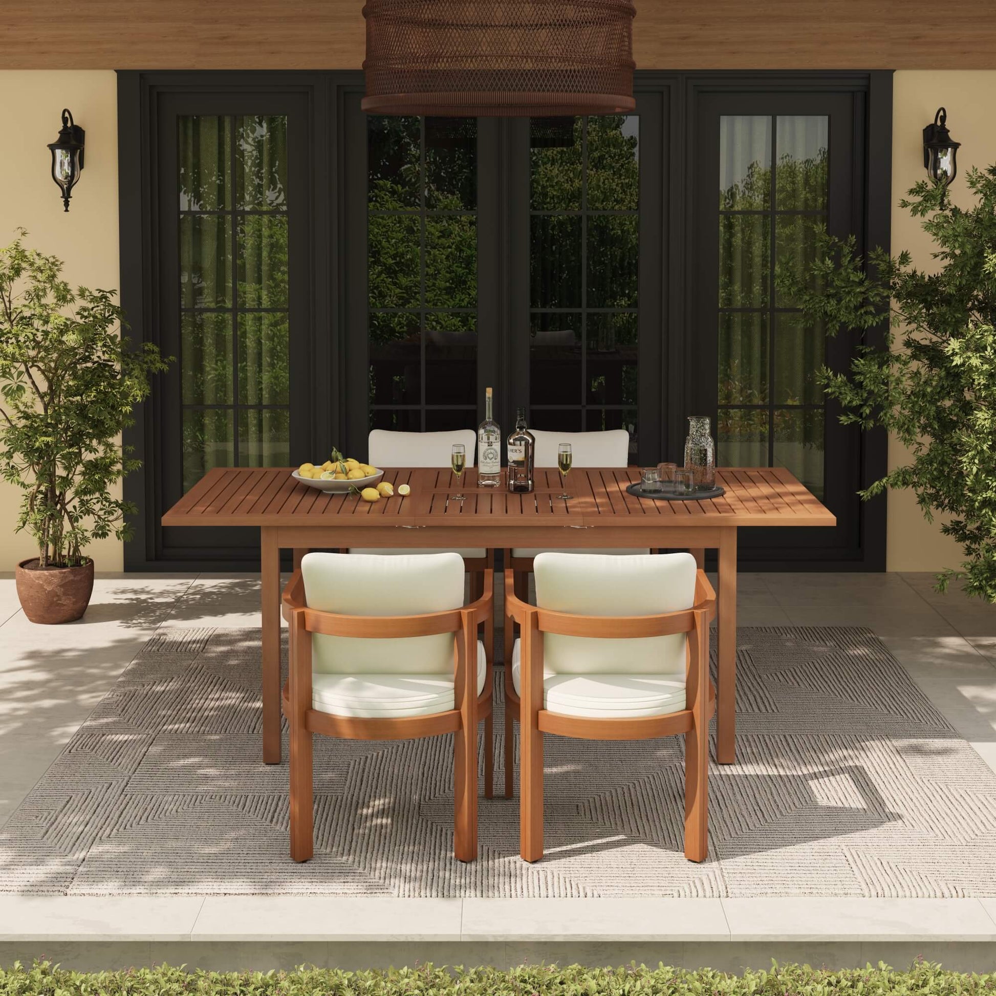 Wooden outdoor dining set for 4 with table and chairs on a patio- Sunsitt Modern Premium Patio Outdoor Furniture