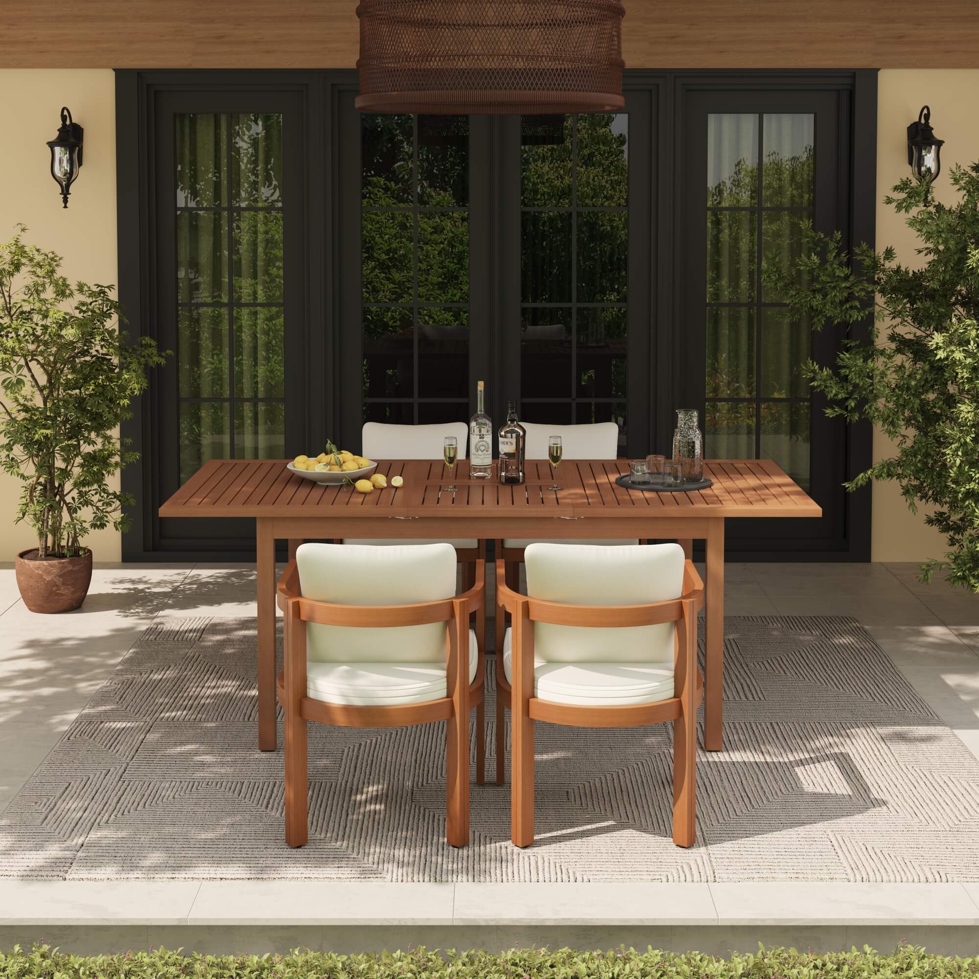 Wooden outdoor dining set for 4 with table and chairs on a patio- Sunsitt Modern Premium Patio Outdoor Furniture