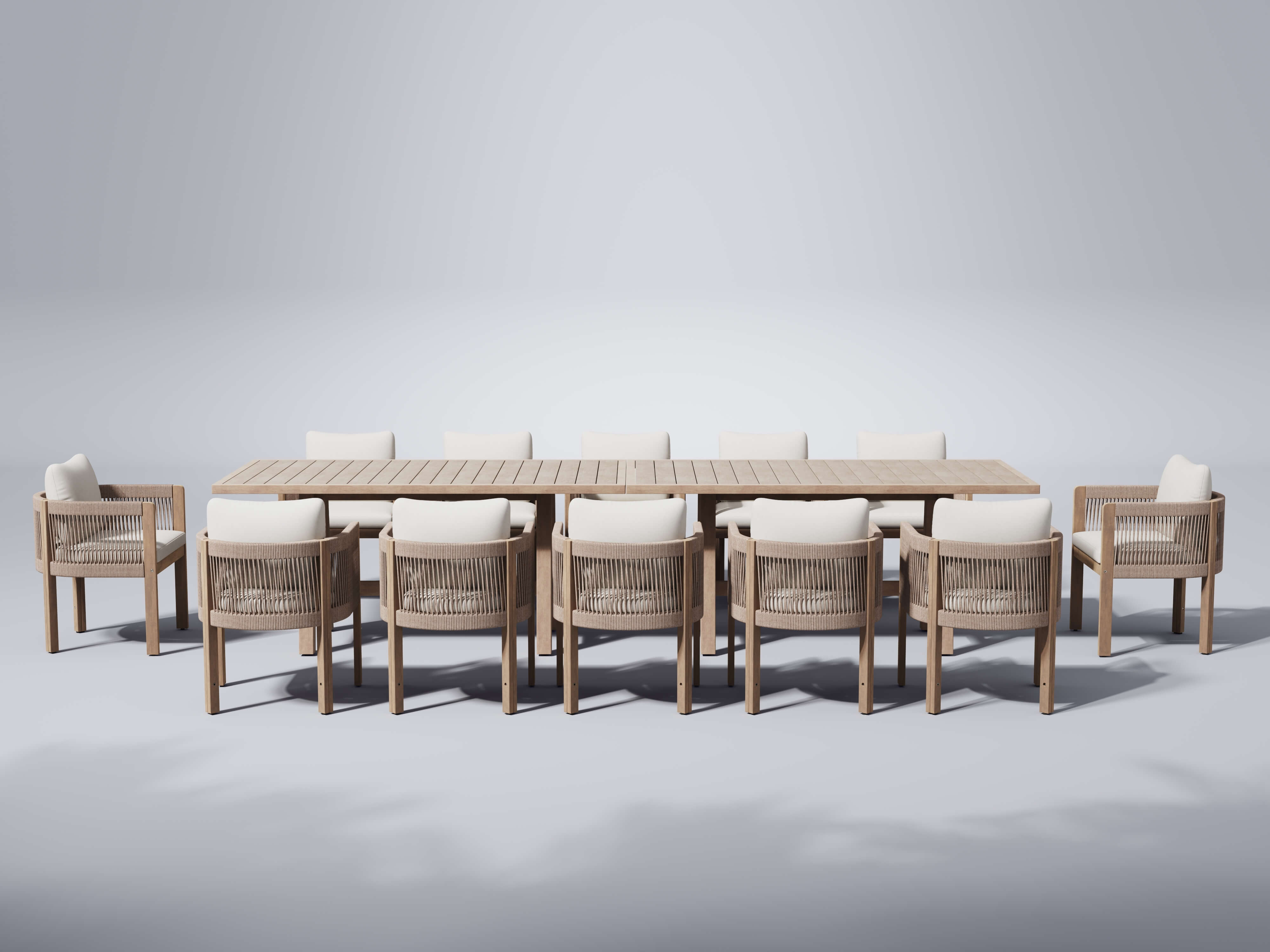 Outdoor furniture dining set for 12 people with a large wooden table and matching chairs