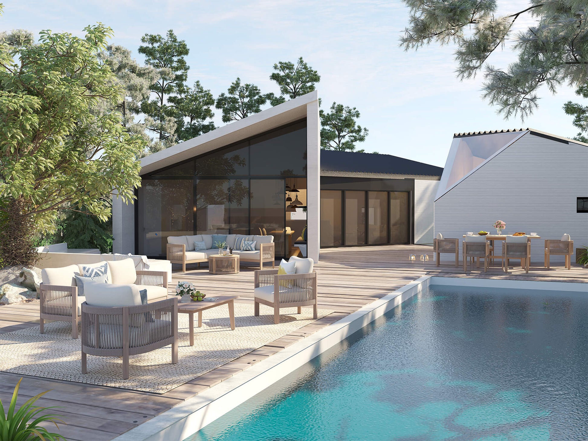 Modern house exterior with outdoor seating area and pool