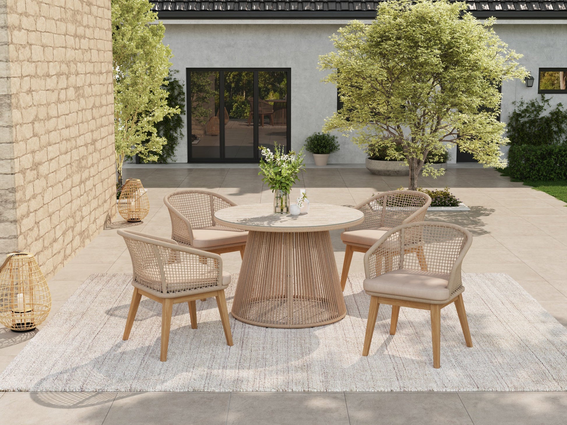 wooden and rope Outdoor patio dining set with round table and 4 chairs
