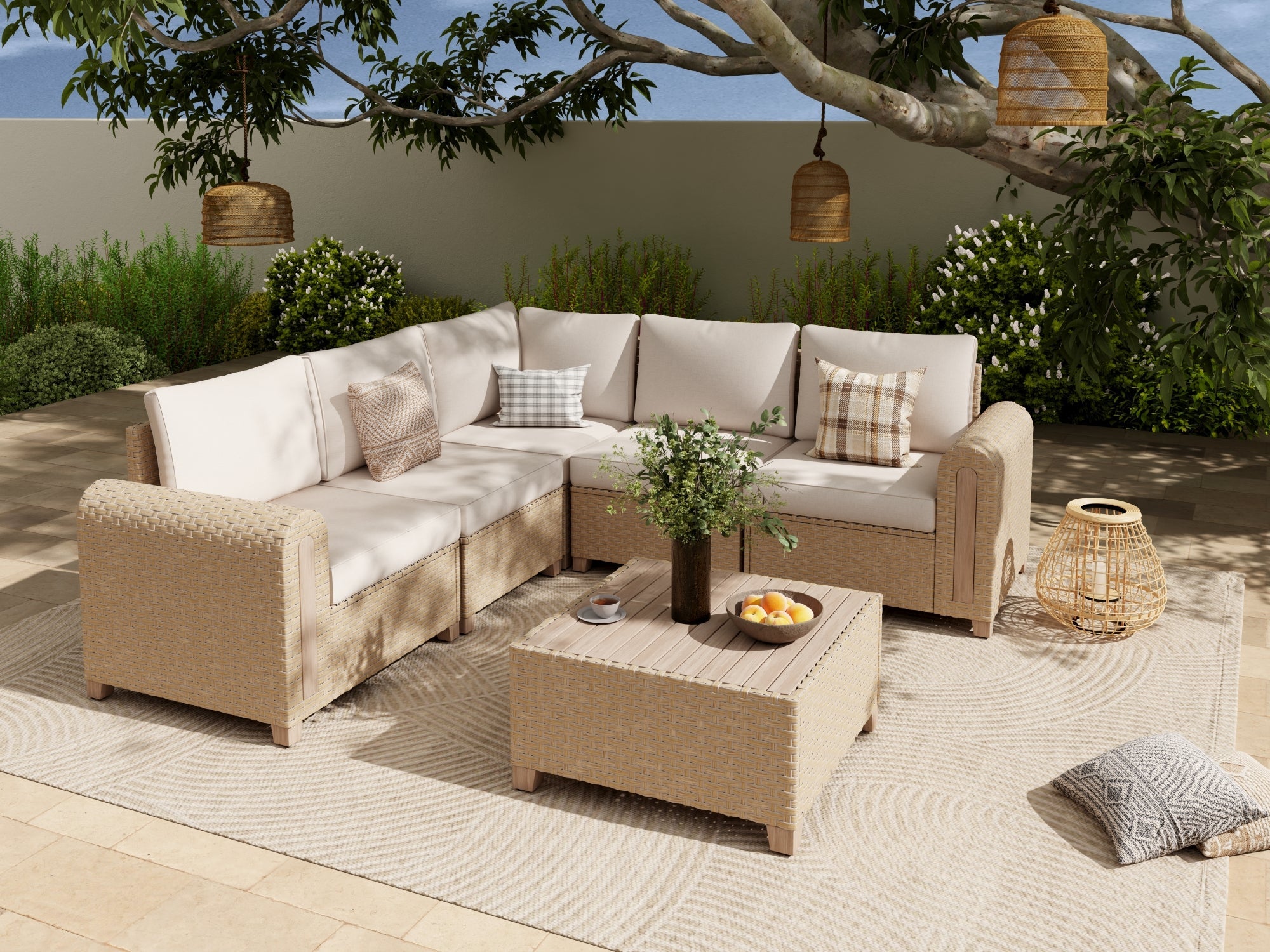 Wicker and wood L-shaped outdoor sectional sofa with  a square coffee table