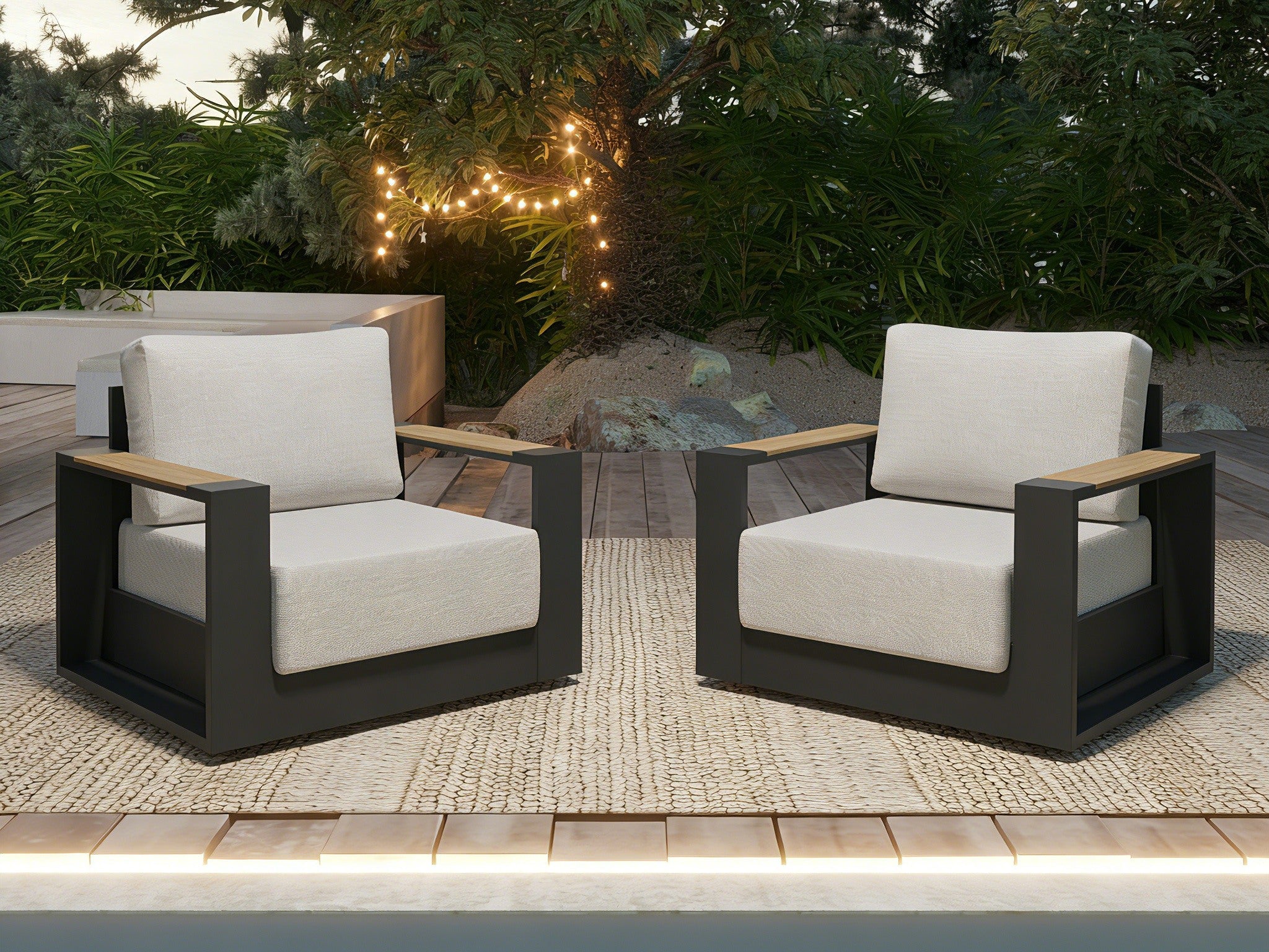aluminum Two outdoor swivel chairs with white cushions