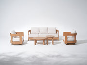 Sova Wood Outdoor Furniture Conversation Set with Swivel Chairs & Two Tables, Eucalyptus wood