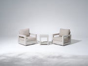 Vela Aluminum Outdoor Swivel Chairs with Table, Linen Cushions & Light Beige Frame