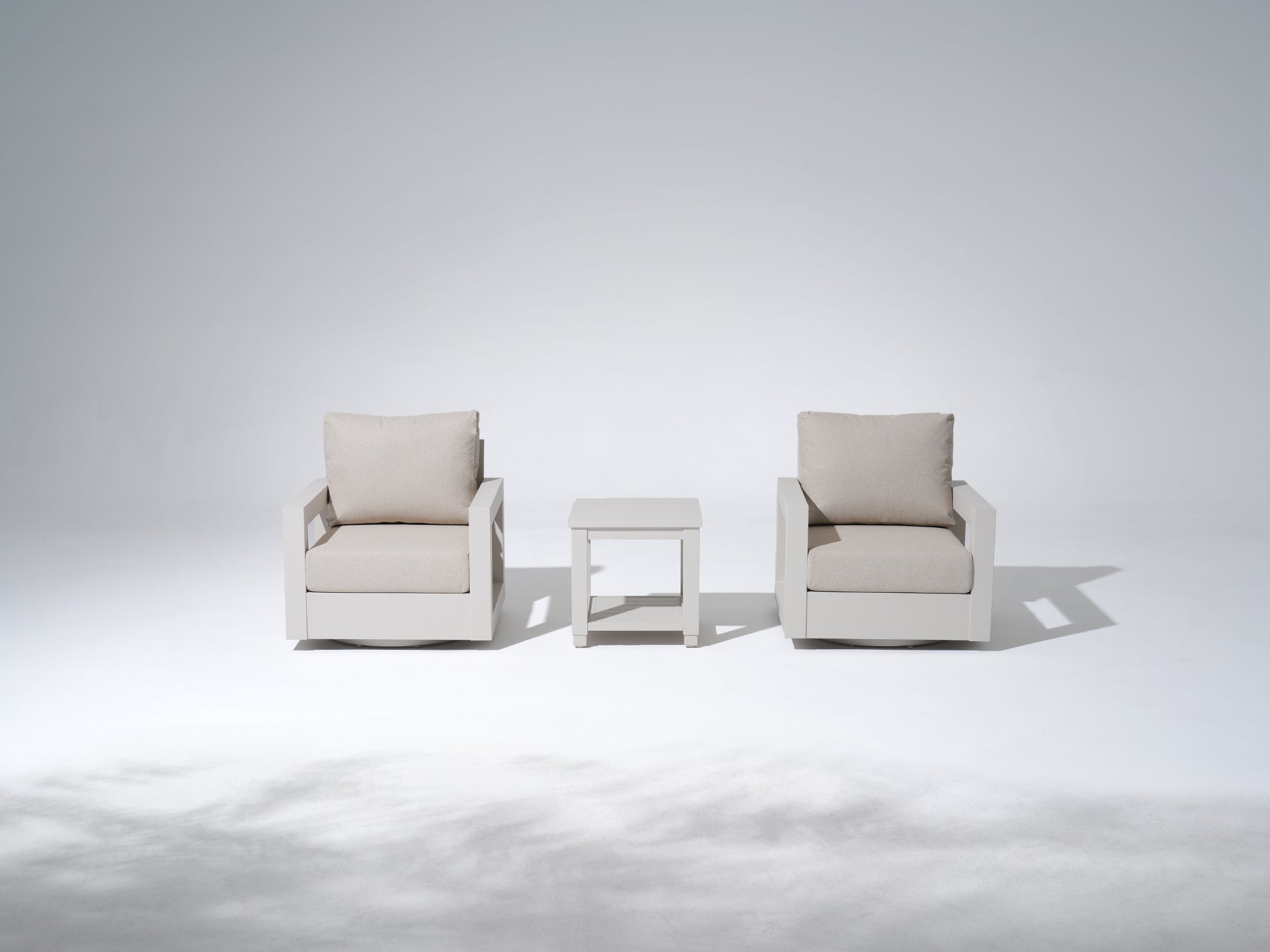 Vela Aluminum Outdoor Swivel Chairs with Table, Linen Cushions & Light Beige Frame