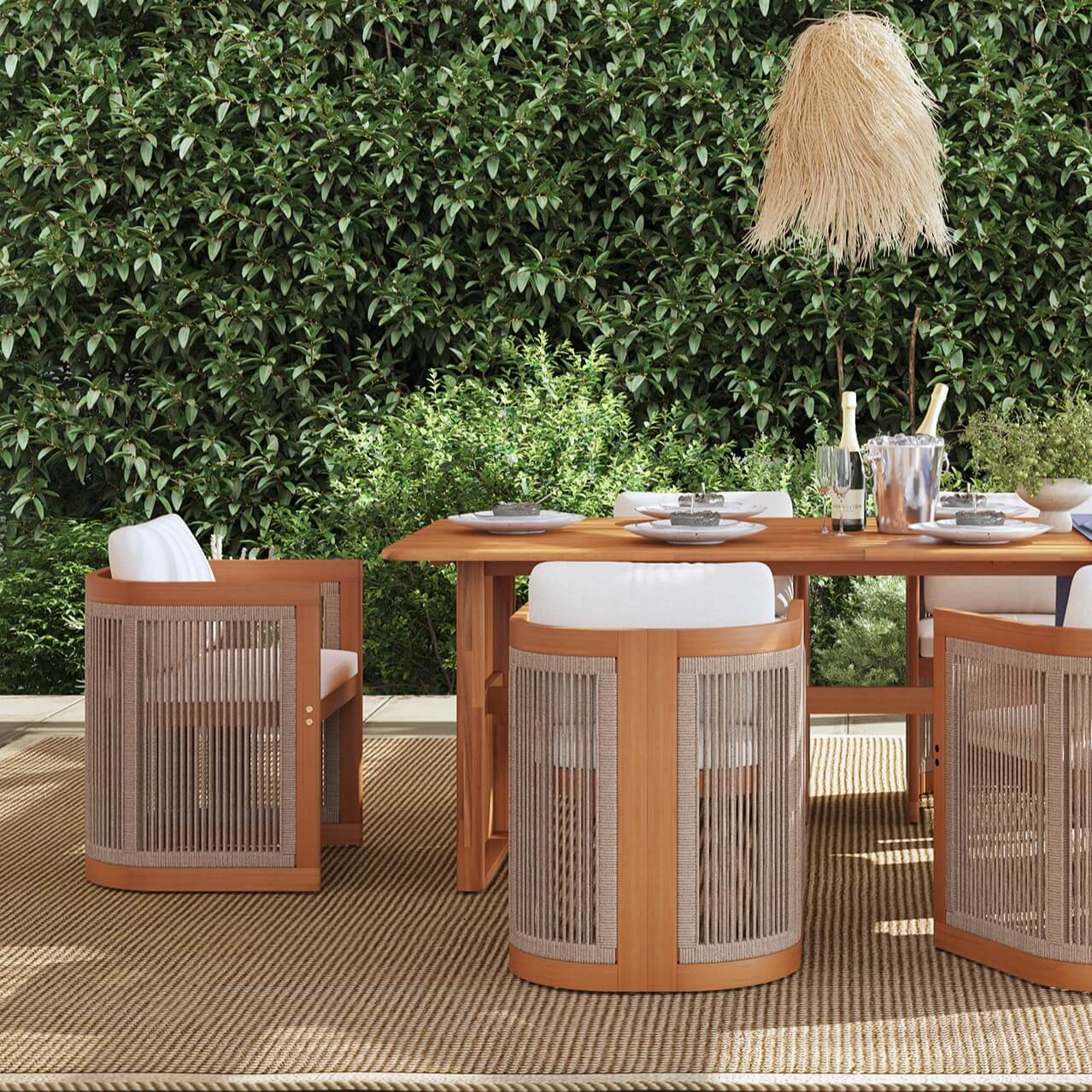 wooden Outdoor dining set with rope design on a patio - Sunsitt Modern Premium Patio Outdoor Furniture