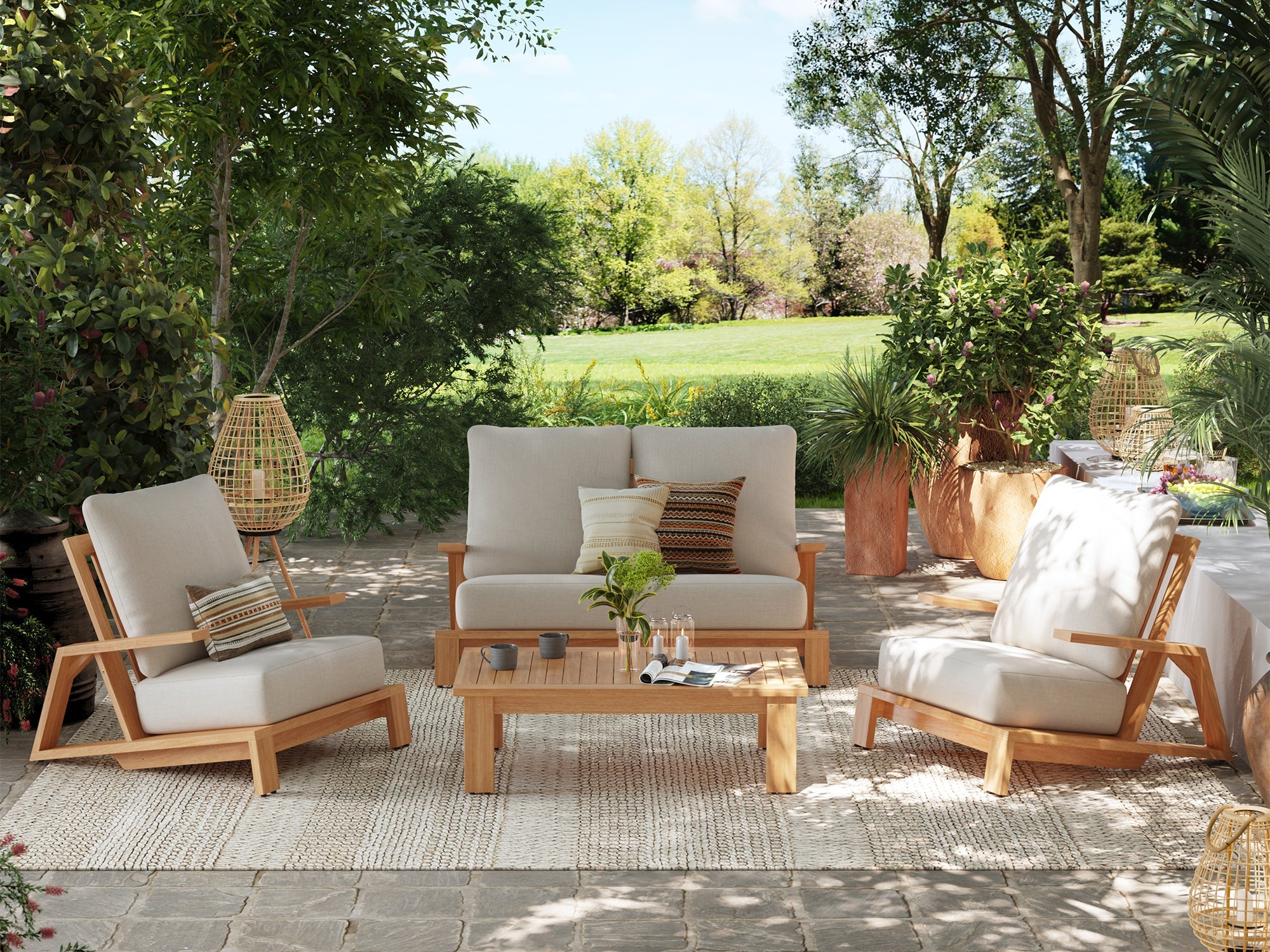 Noto 4-seats wooden Outdoor patio conversation furniture set with thick cushions