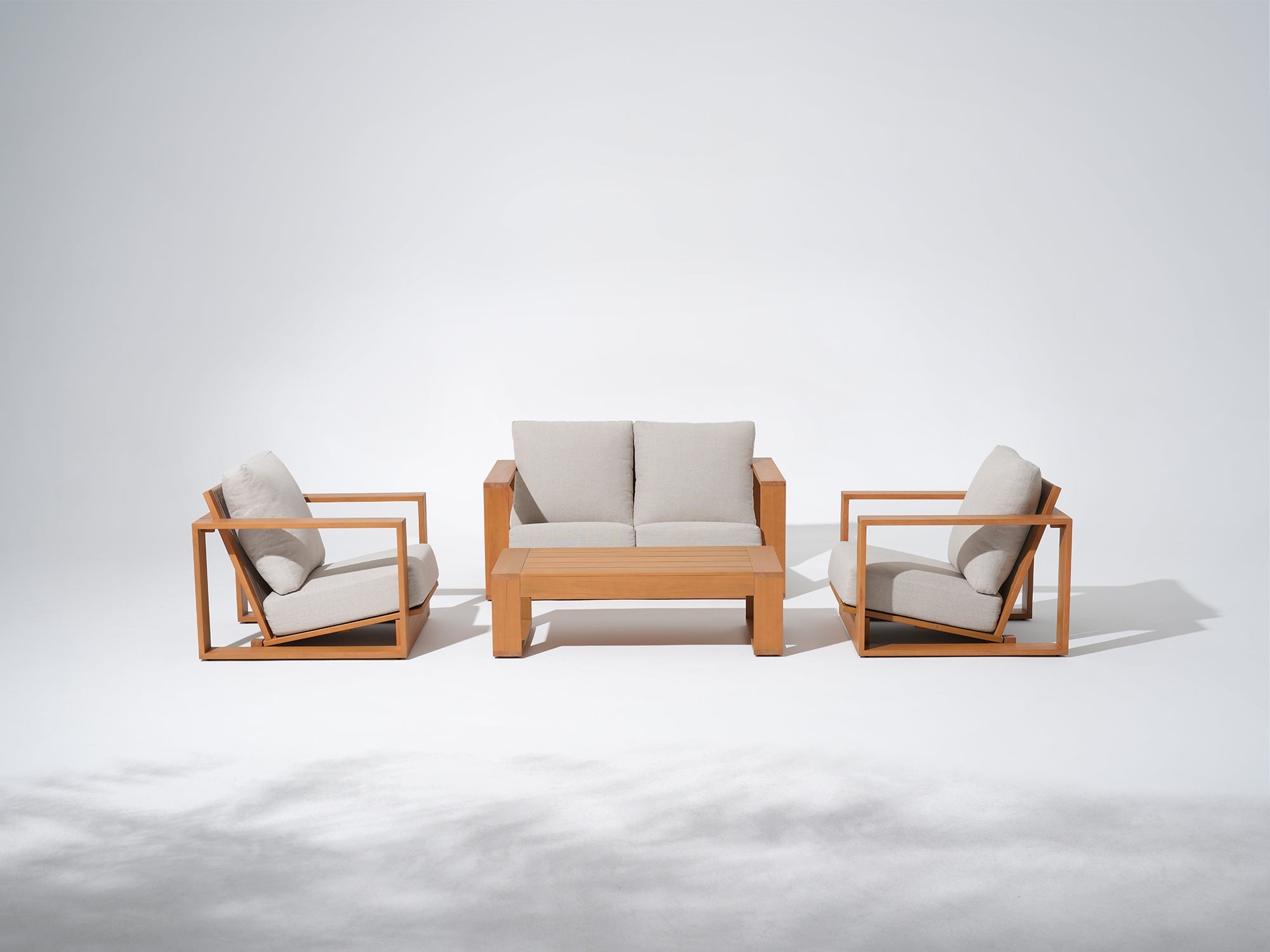 4-pc Modern wood outdoor furniture set with beige cushions and rope backrest design