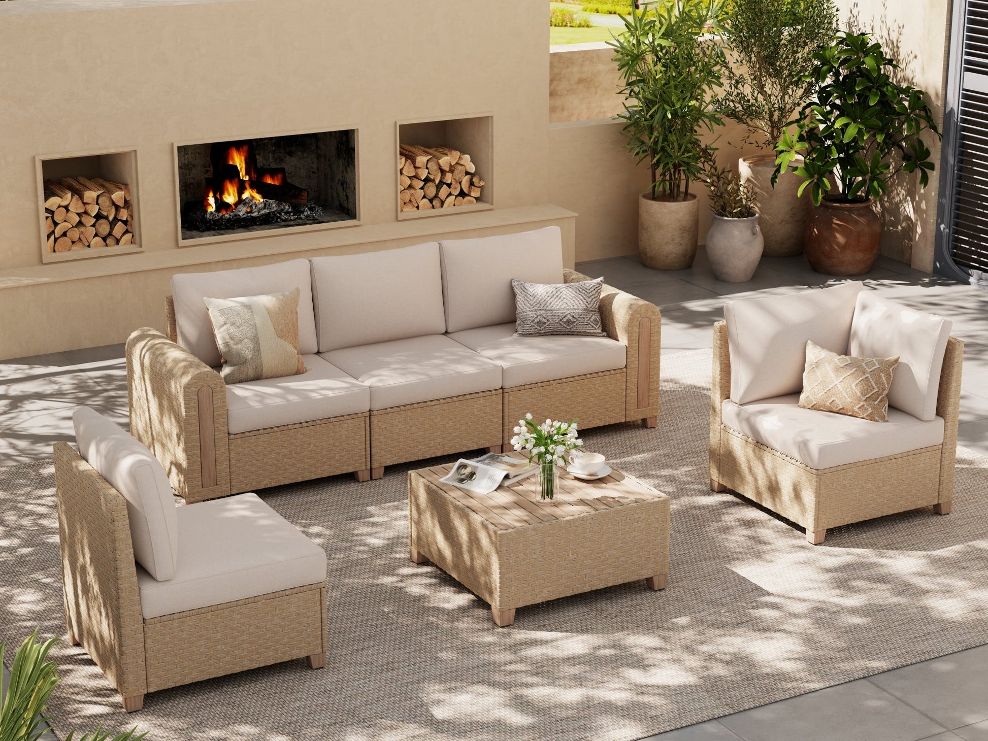 5-seats Outdoor patio furniture set with a coffee table, wicker and wood design