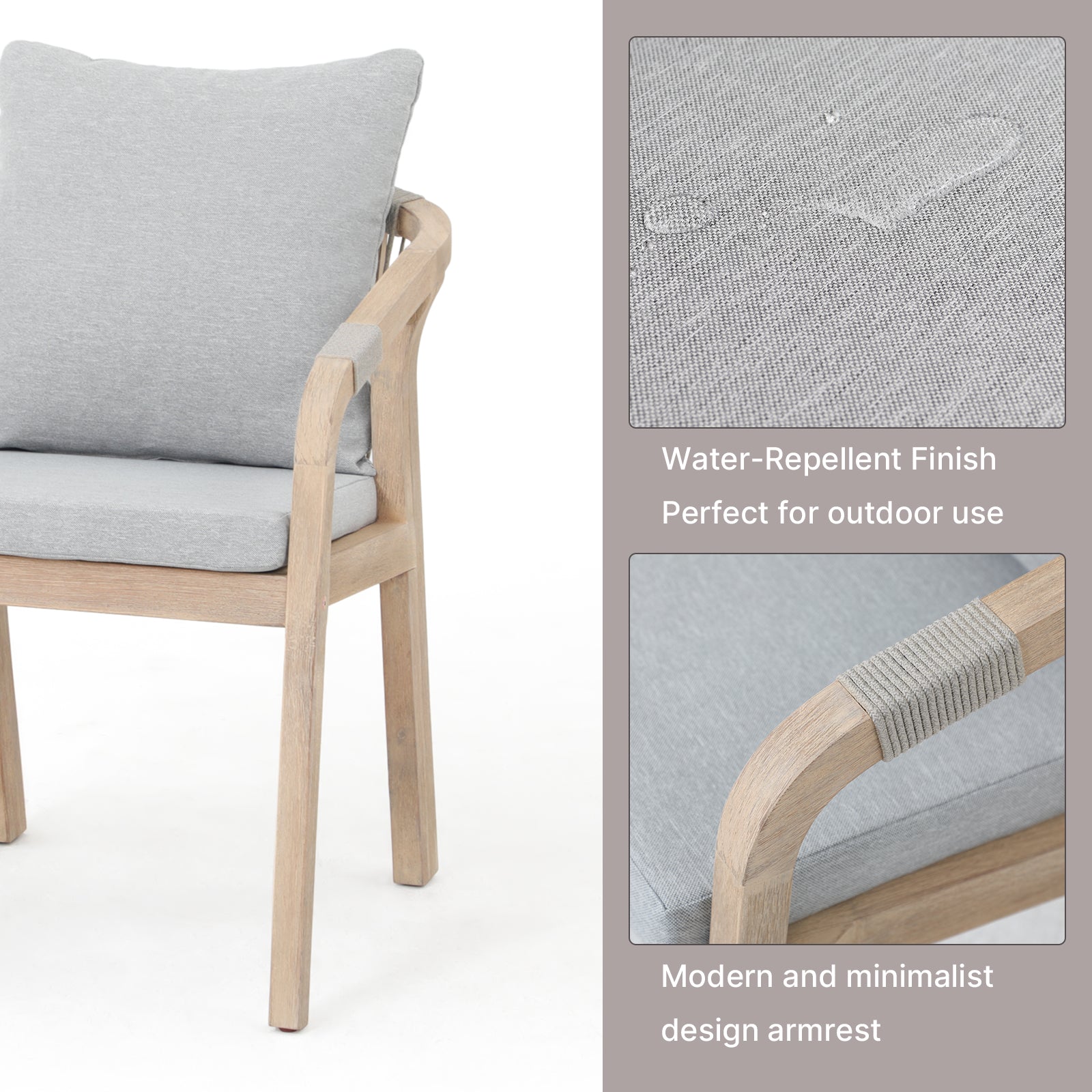 Thalea modern outdoor dining chair, armrest and fabric details