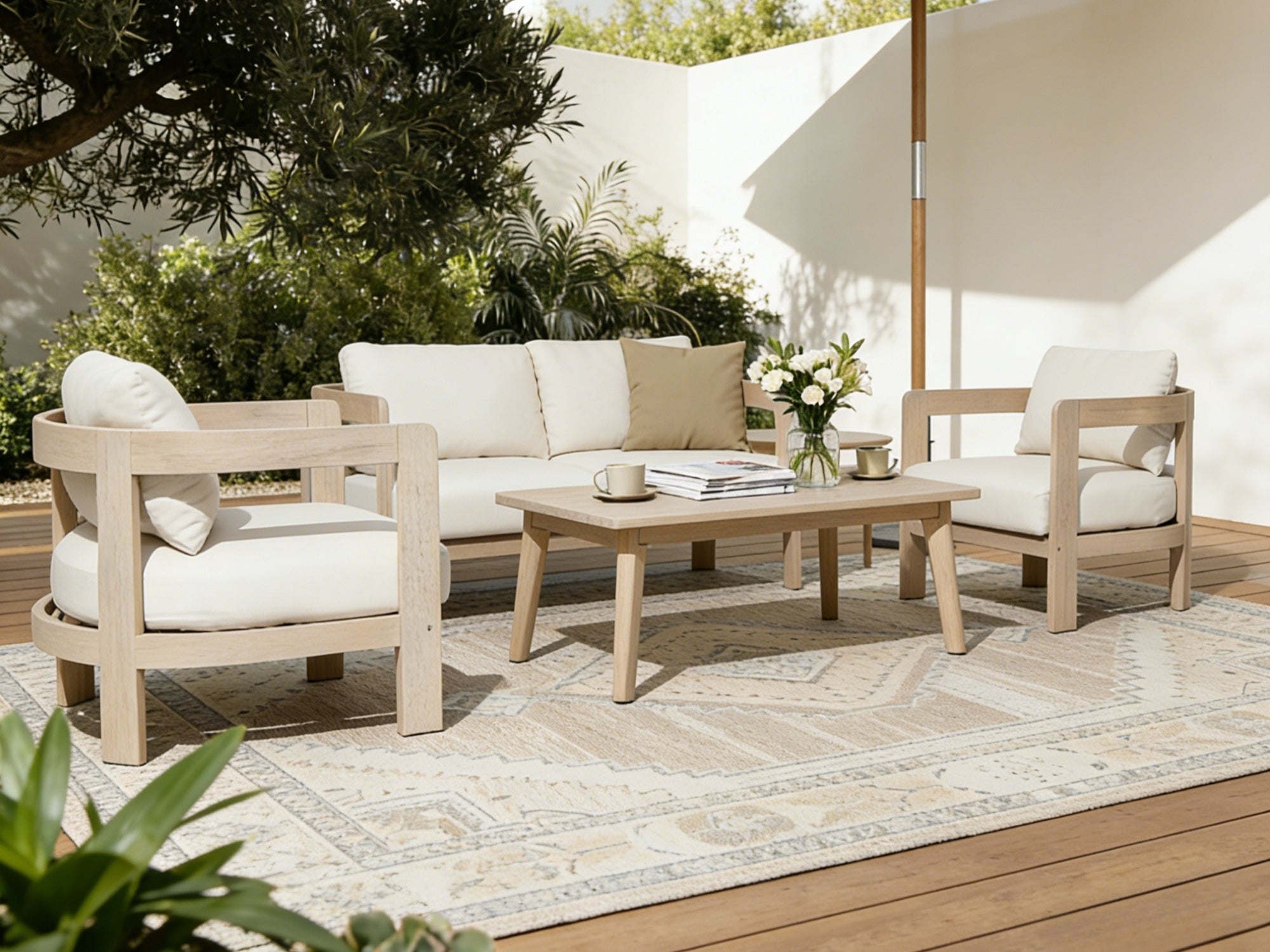 Cali Wooden Outdoor Loveseat Set with Mixed Tables, Creamy Cushions