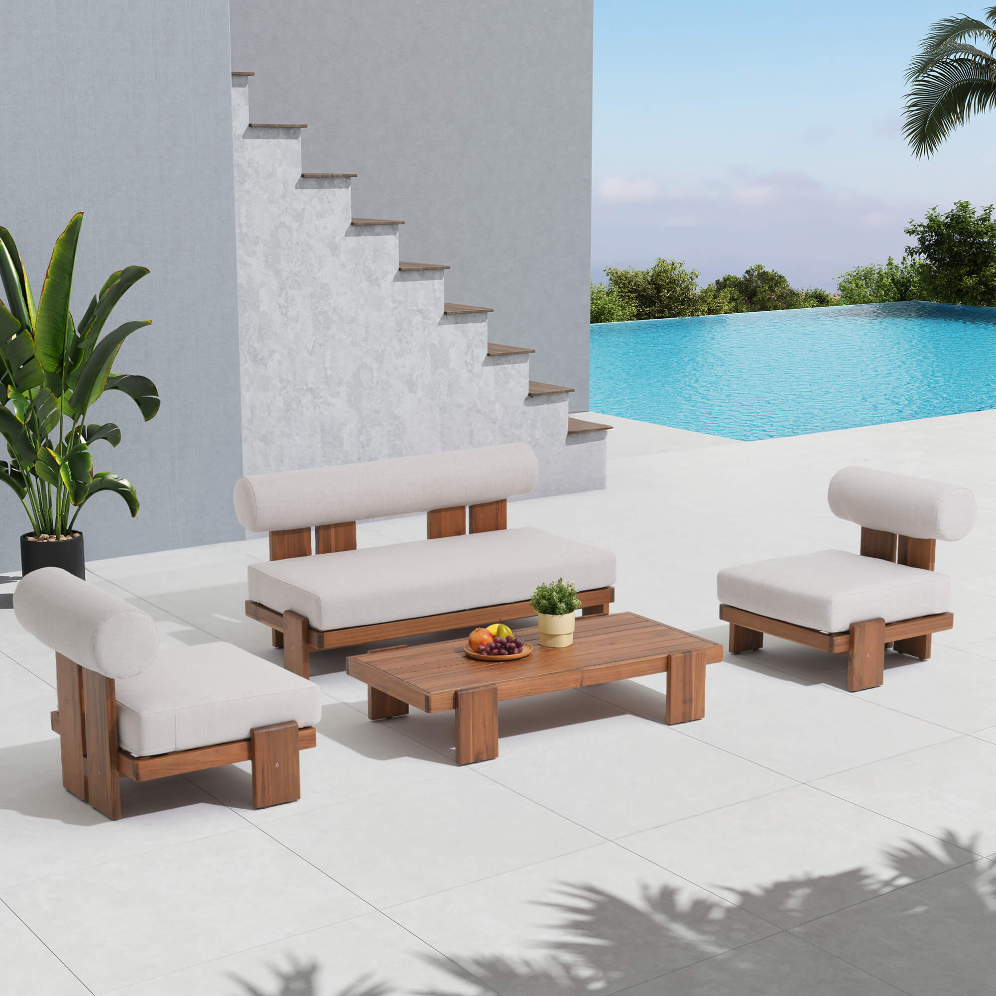 Outdoor furniture set with wooden frames and thick white cushions by a poolside- SUNSITT Modern Premium Outdoor Patio Furniture Sets