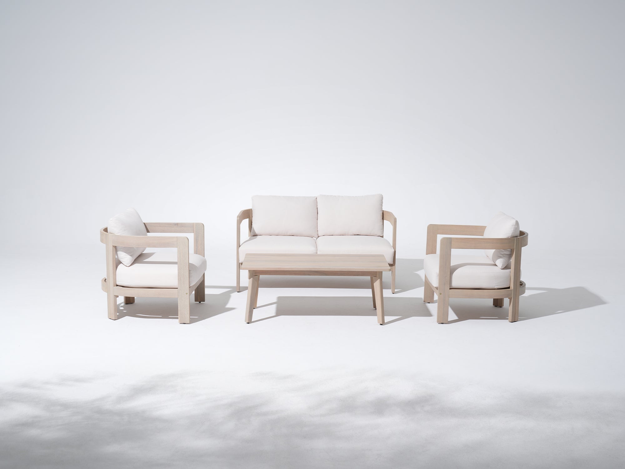 Cali Wooden Outdoor Loveseat Set with Mixed Tables, Creamy Cushions