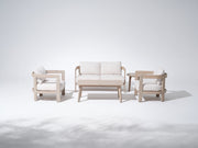 Cali Wooden Outdoor Loveseat Set with Mixed Tables, Creamy Cushions