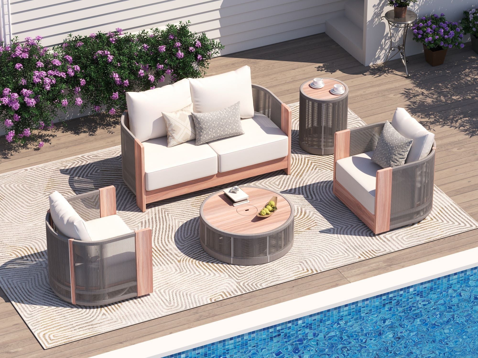 Irati 4 seats aluminum Outdoor Seating Set with rope design, wood surface, and a side Table and a round coffee table, Built-in Storage Space -  Sunsitt Premium Modern Outdoor Patio Furniture#Style_5-pc Loveseat Set