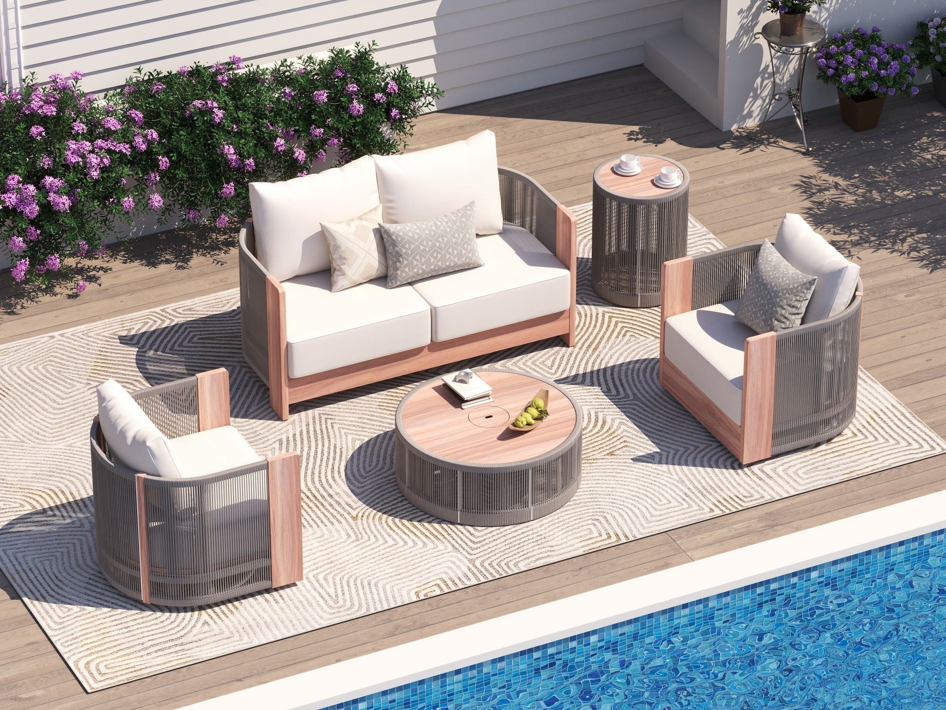 Irati 4 seats aluminum Outdoor Seating Set with rope design, wood surface, and a side Table and a round coffee table, Built-in Storage Space -  Sunsitt Premium Modern Outdoor Patio Furniture#Style_5-pc Loveseat Set