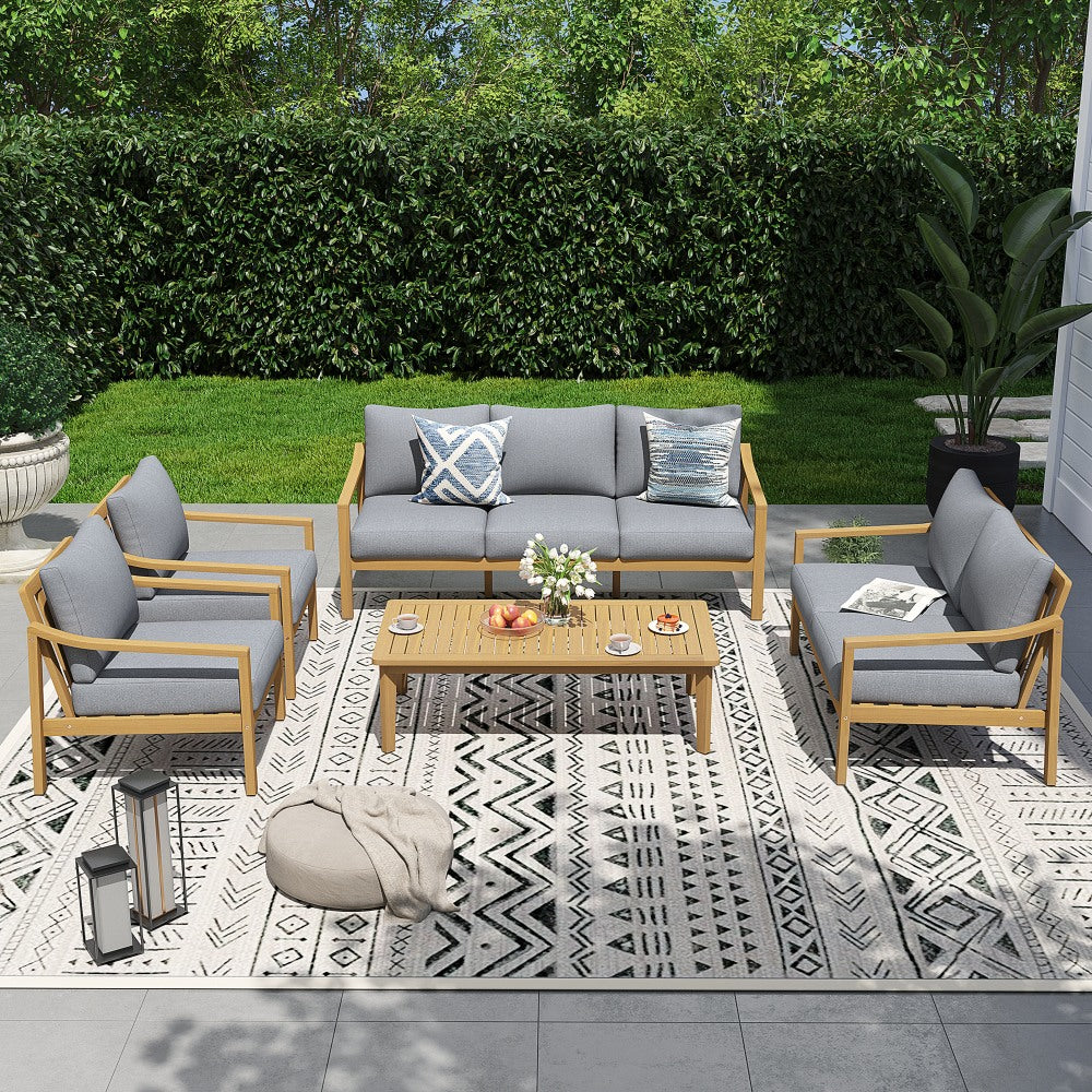 Noto 7 seats Outdoor patio furniture set with gray cushions and wooden frames on a patterned rug- Sunsitt Modern Premium Patio Outdoor Furniture