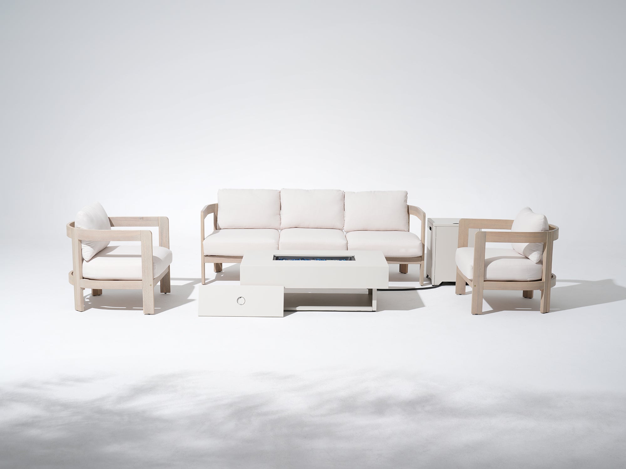 Cali Outdoor Wooden Sofa Set, Light Beige Fire pit & 6.3" Thick Cushions, 4-7 Seats