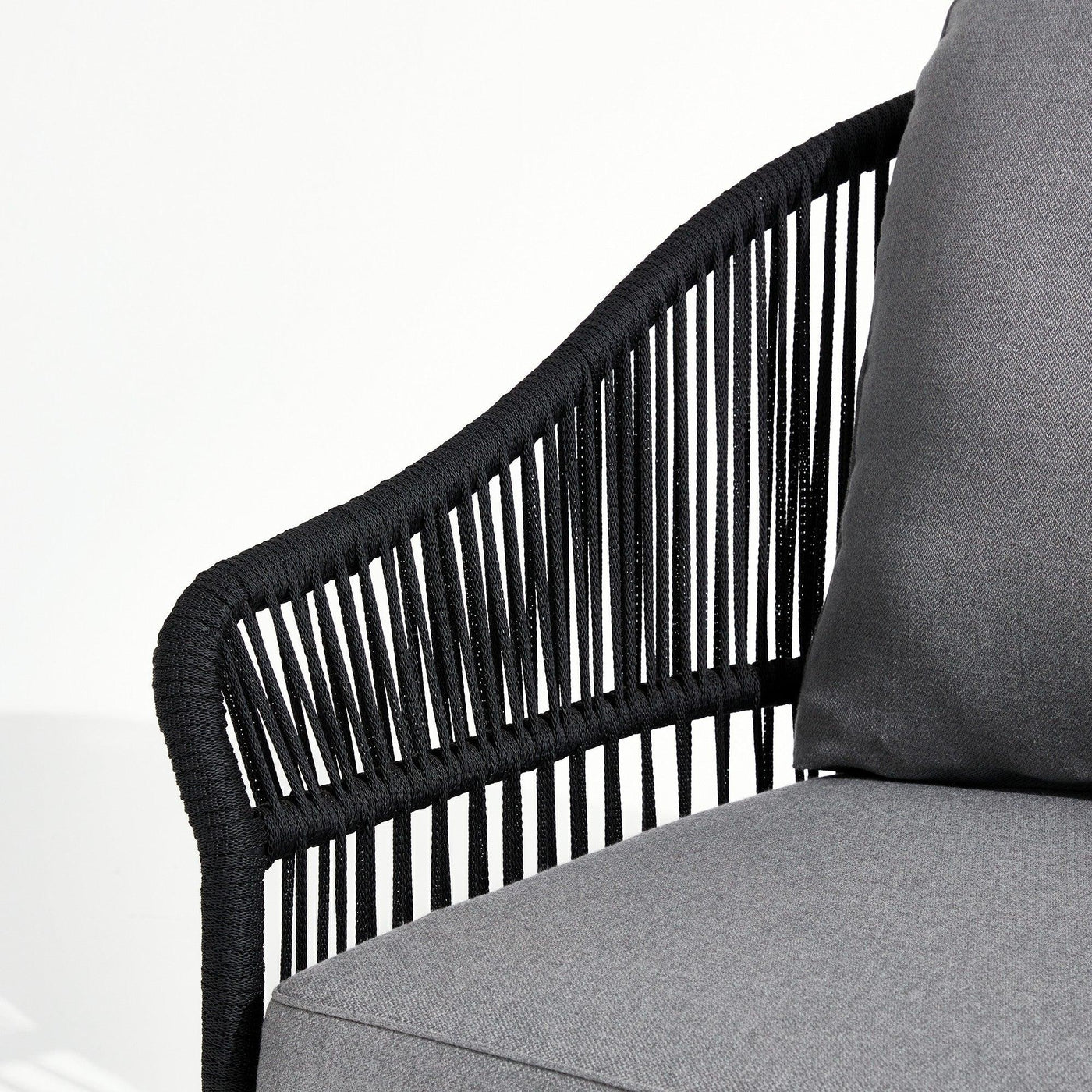 Wonder - Balboa 3-Seater Sofa,black rope design,smooth armrest, soft grey cushions,weather-resistant fabric,detailed view-Sunsitt Signature