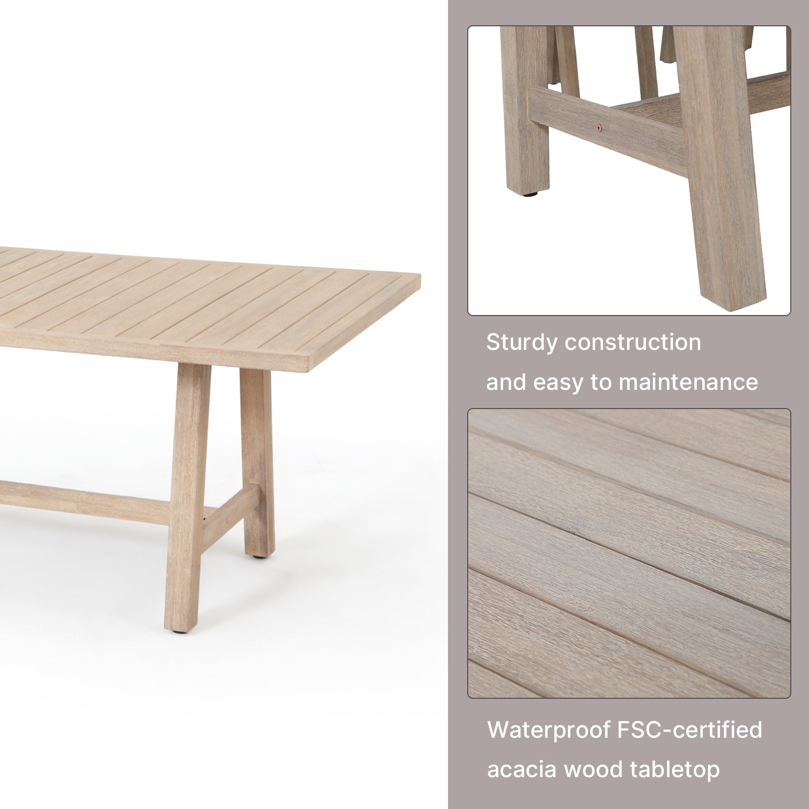 wood patio dining table, tabletop and leg detail - SUNSITT Modern Premium Outdoor Patio Furniture