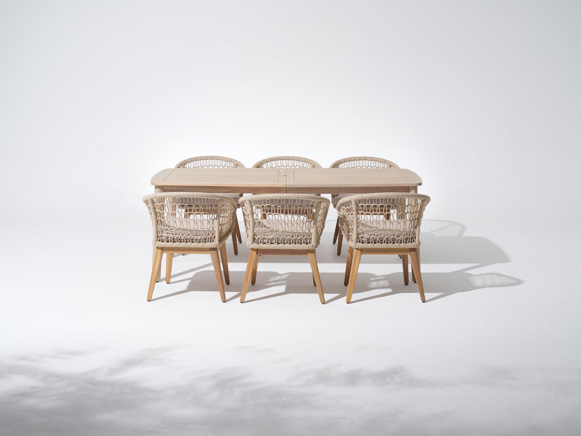 Noto 83'' Wooden Patio Dining Set with Umbrella Hole for 6 People, Nylon Honeycomb Chairs