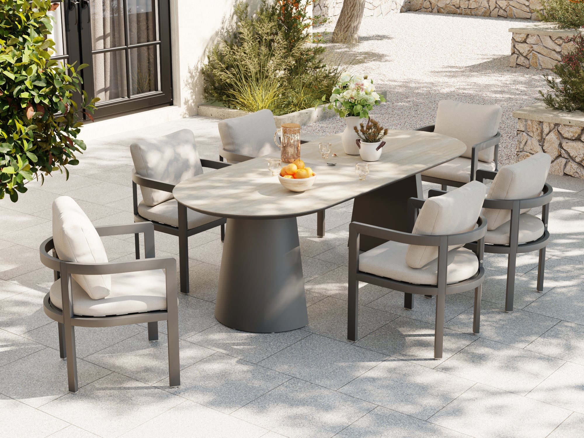 Addison Outdoor Aluminum Dining set, Dark Grey Frame & Tempered Glass Tabletop, 6 Seats
