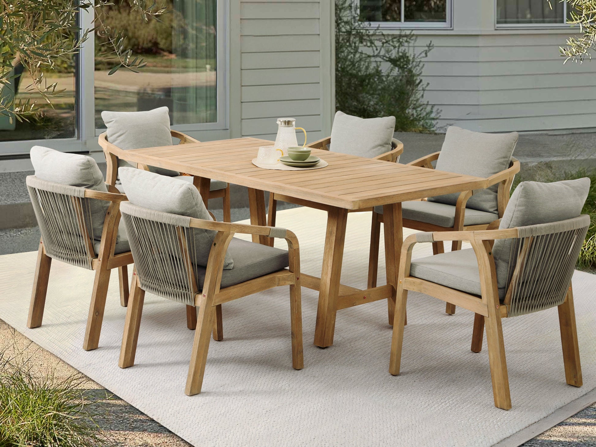 Thalea Rectangular Wooden Outdoor Dining Set for 6 People, 67''