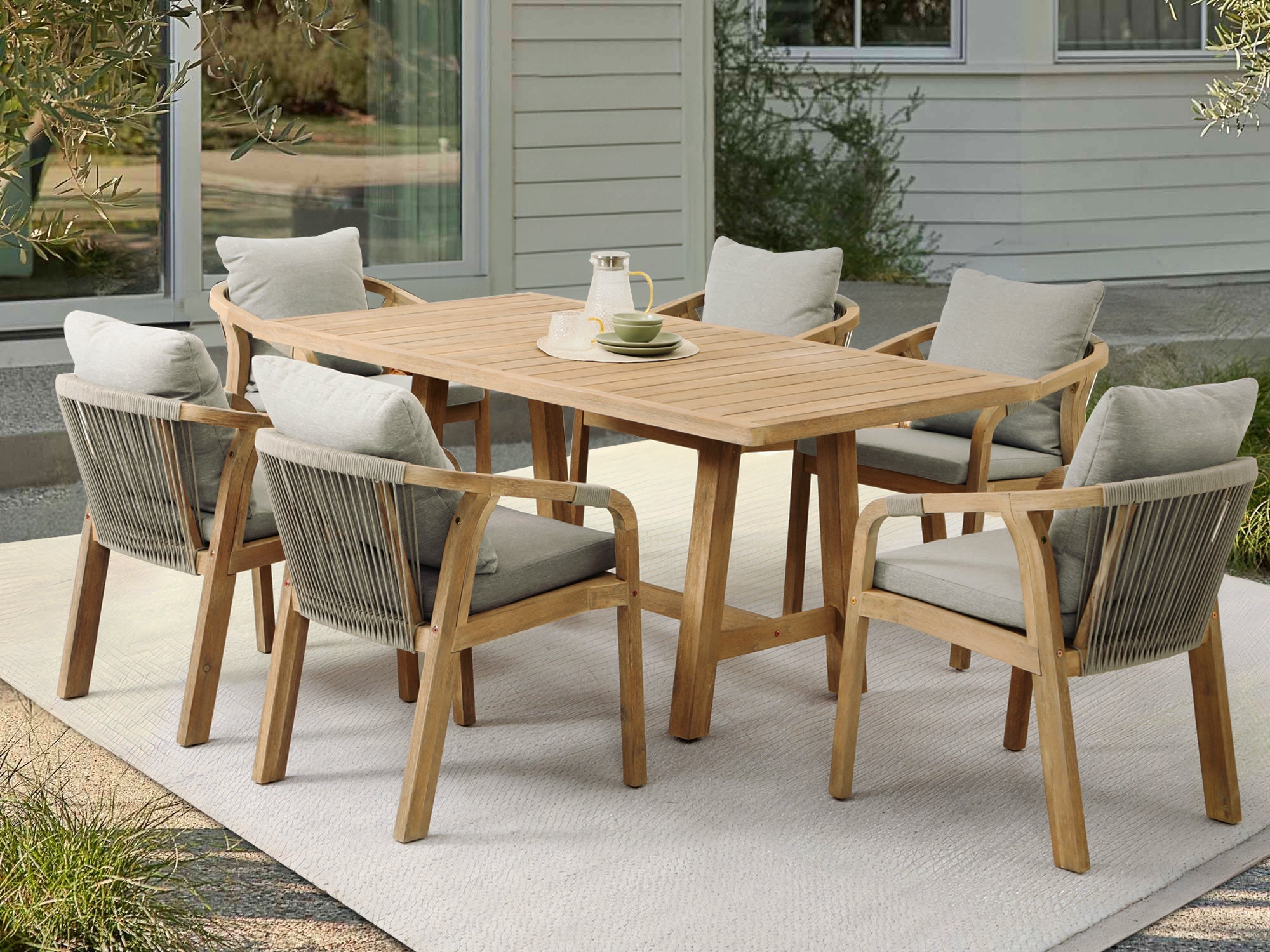 Thalea Rectangular Wooden Outdoor Dining Set for 6 People, 67''