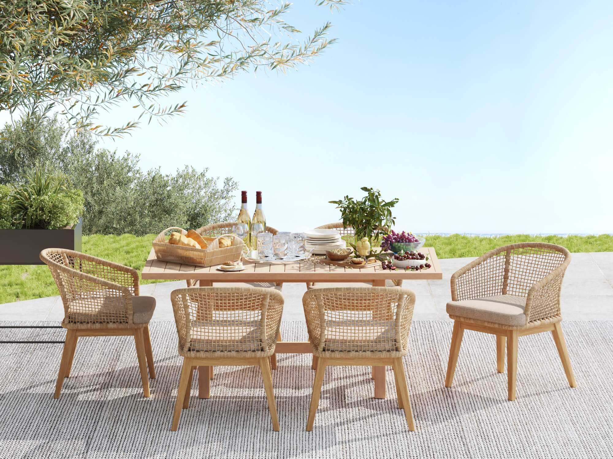 Noto Outdoor dining table set with chairs on a patio, surrounded by greenery- Sunsitt Modern Premium Patio Outdoor Furniture